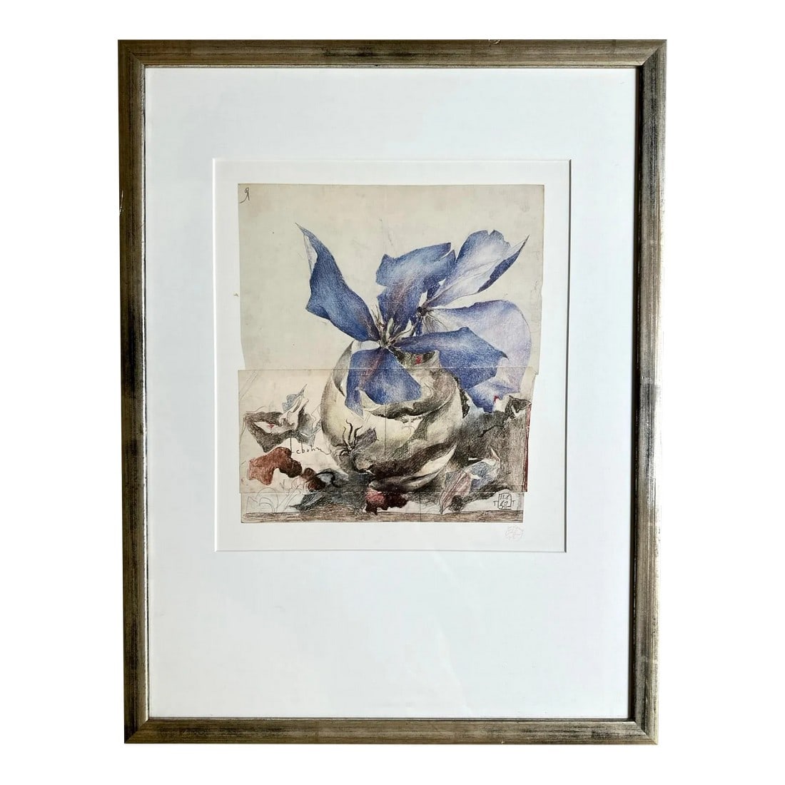 Horst Janssen Blue Floral 1987 Offset Lithograph Germany, Framed: Horst Janssen Blue Floral 1987 Offset Lithograph Red Stamped Germany Framed under glass Frame size 18.5" wide x 24" tall Matted Lithograph site size 12" wide x 13" tall Minor wear to silver