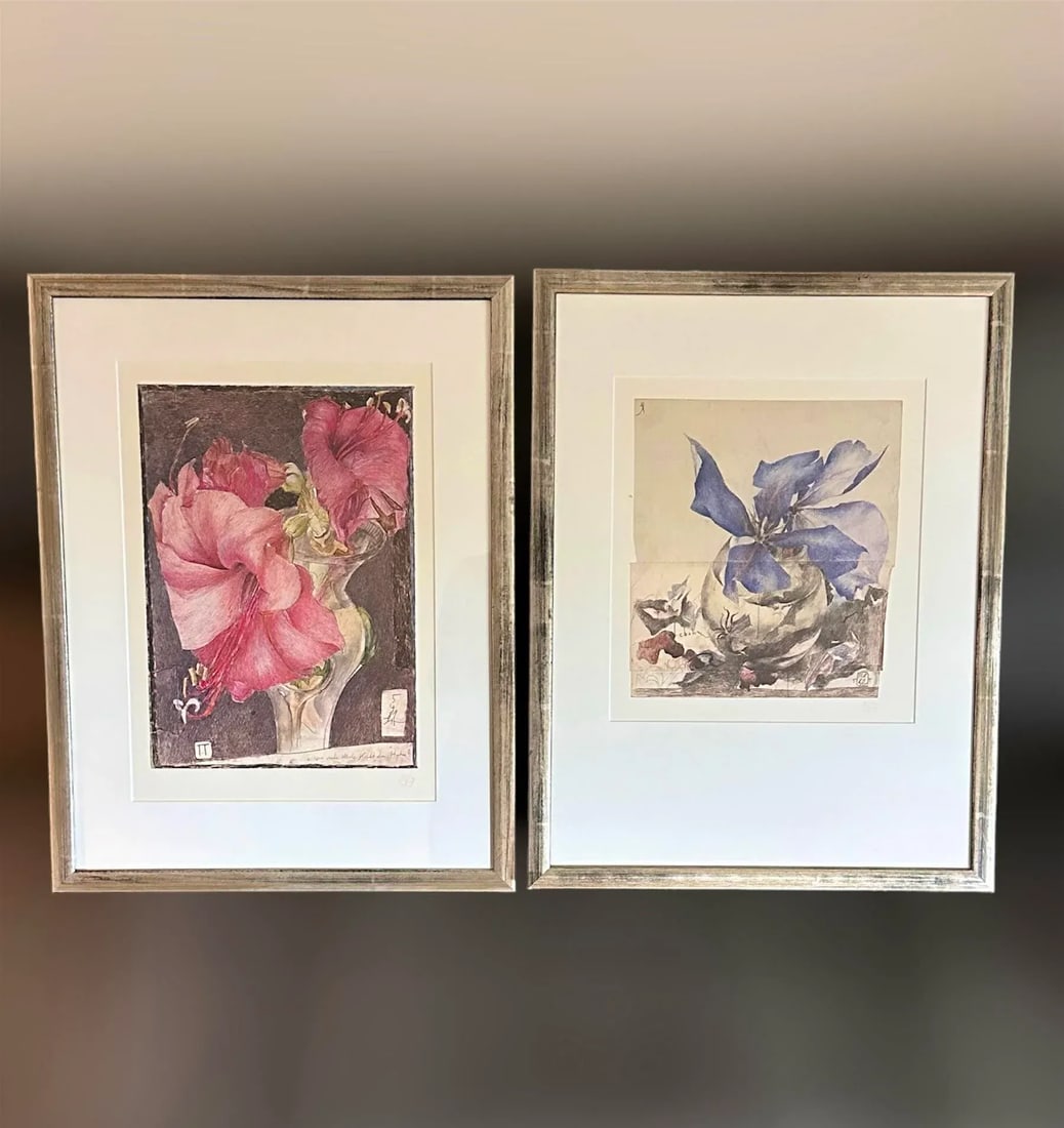 Horst Janssen Blue Floral 1987 Offset Lithograph Germany, Framed - 7