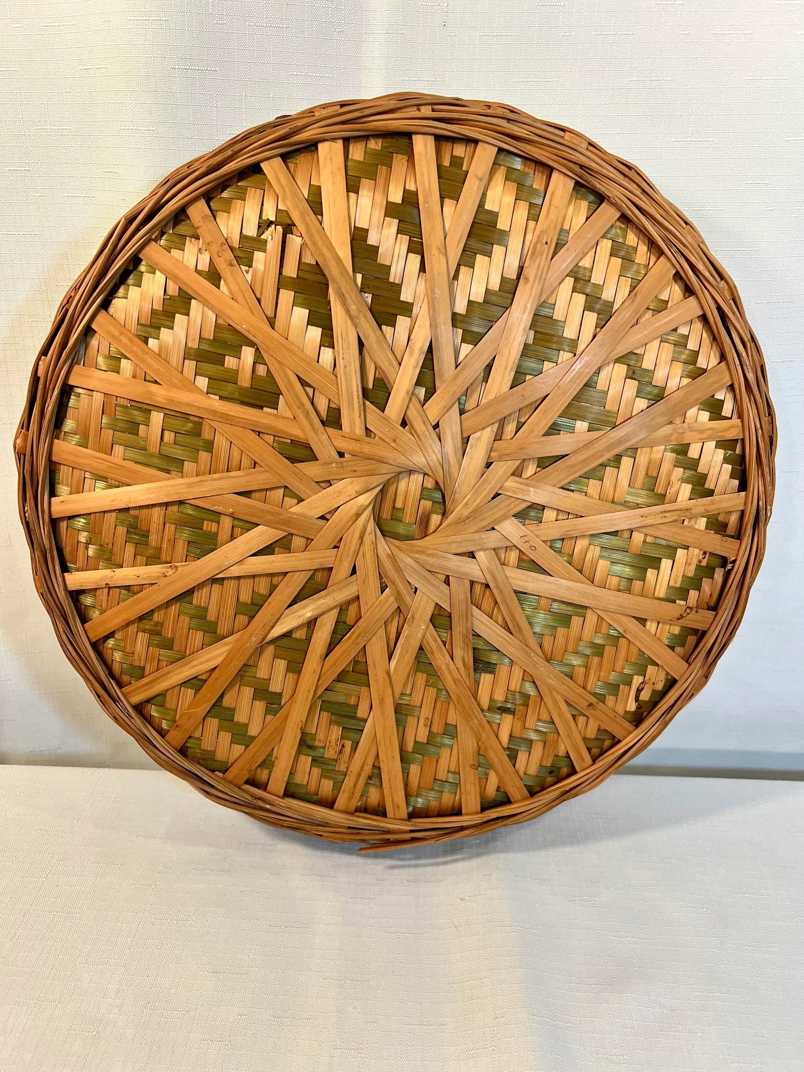 Vintage BoHo Chic Round Bamboo and Split Reed Winnowing Basket - 2