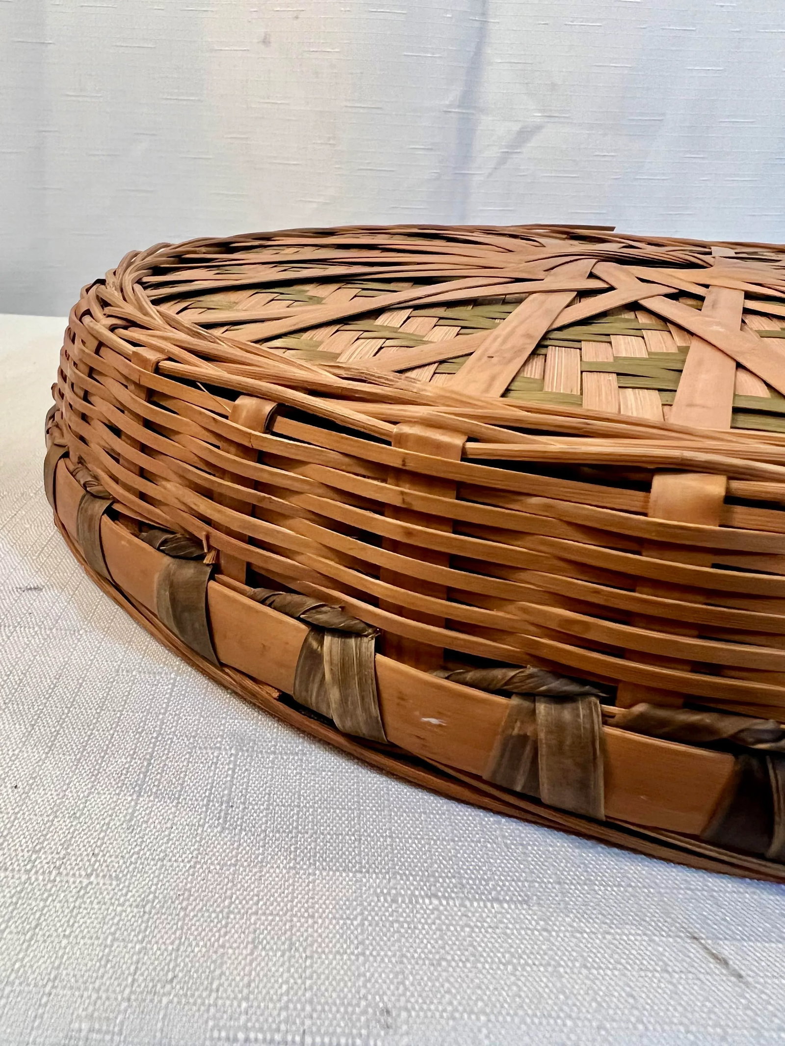 Vintage BoHo Chic Round Bamboo and Split Reed Winnowing Basket - 6