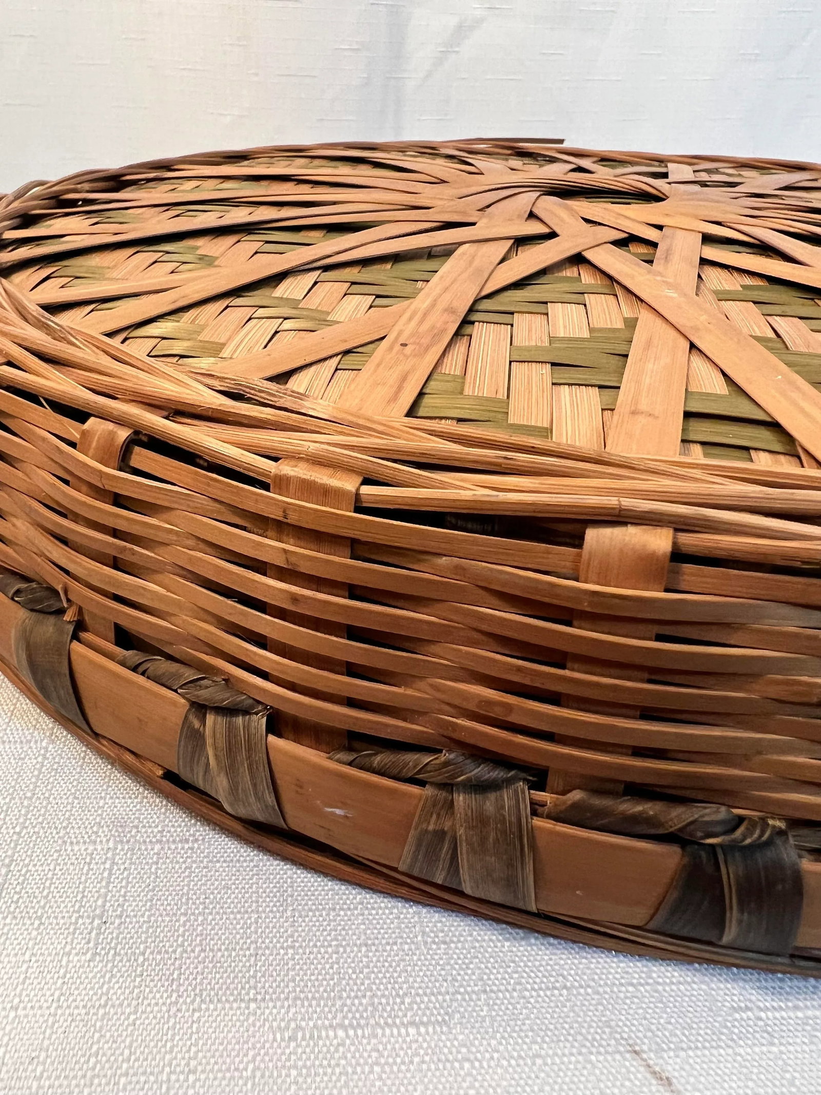 Vintage BoHo Chic Round Bamboo and Split Reed Winnowing Basket - 7