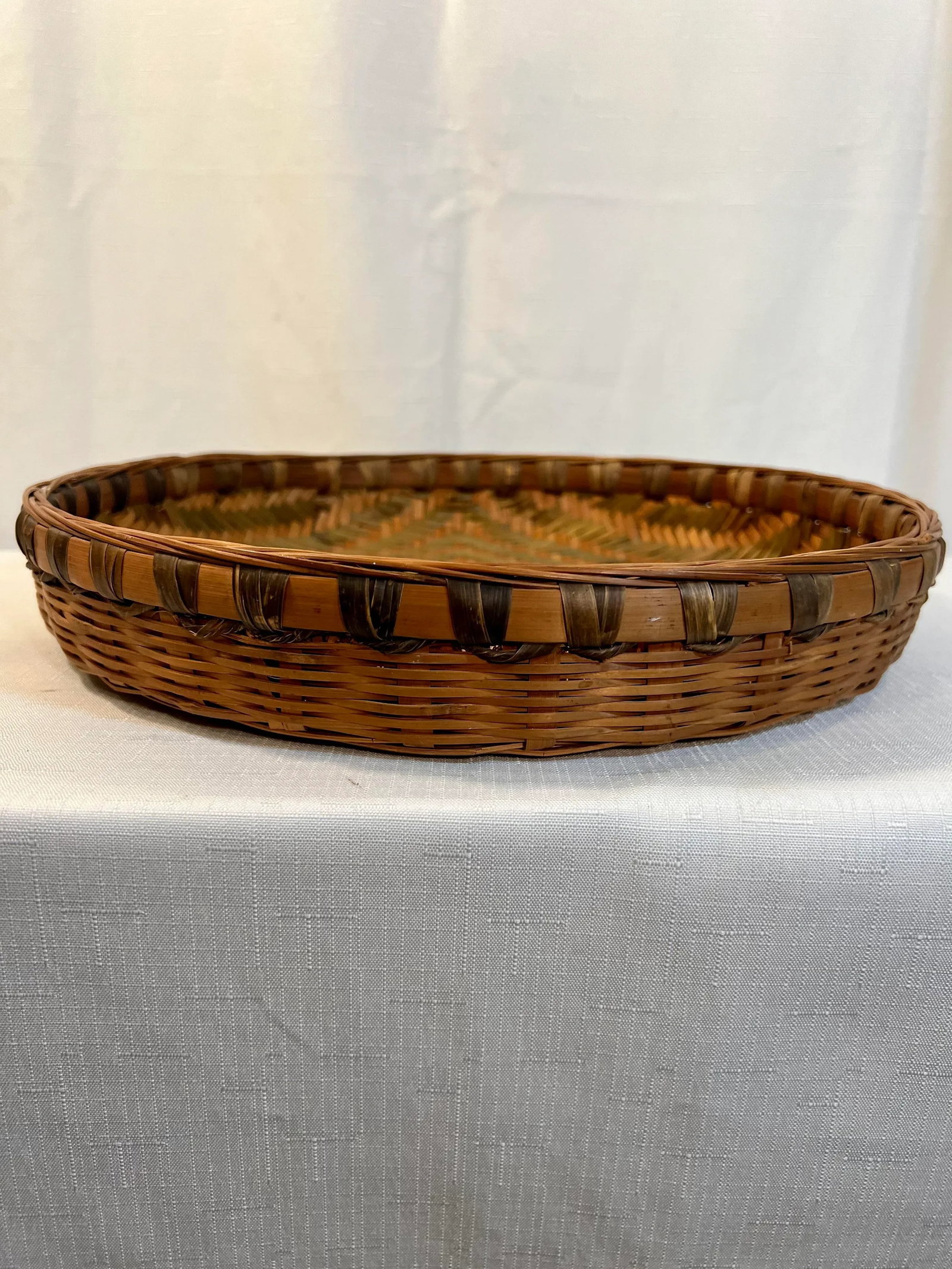 Vintage BoHo Chic Round Bamboo and Split Reed Winnowing Basket - 8