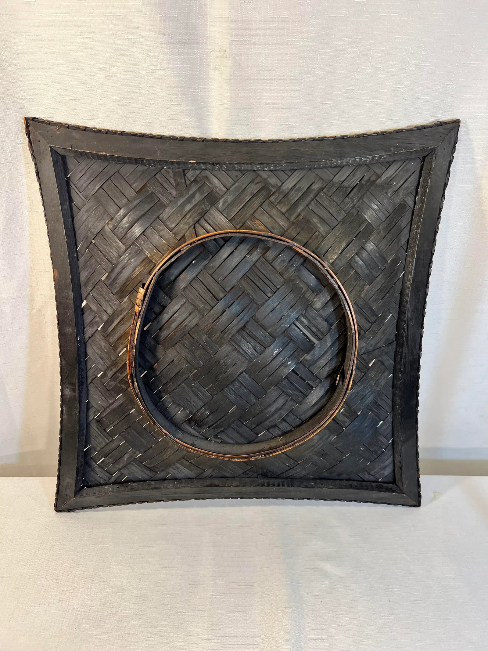 Vintage Coastal Boho Chic Bamboo and Split Reed Footed Square Basket Tray - 2