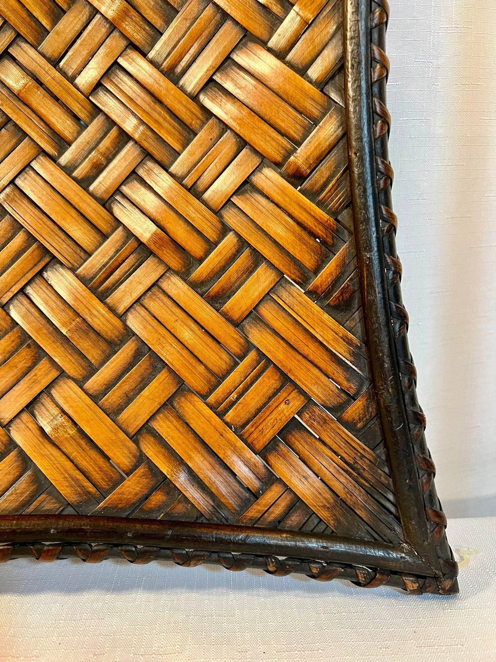 Vintage Coastal Boho Chic Bamboo and Split Reed Footed Square Basket Tray - 4