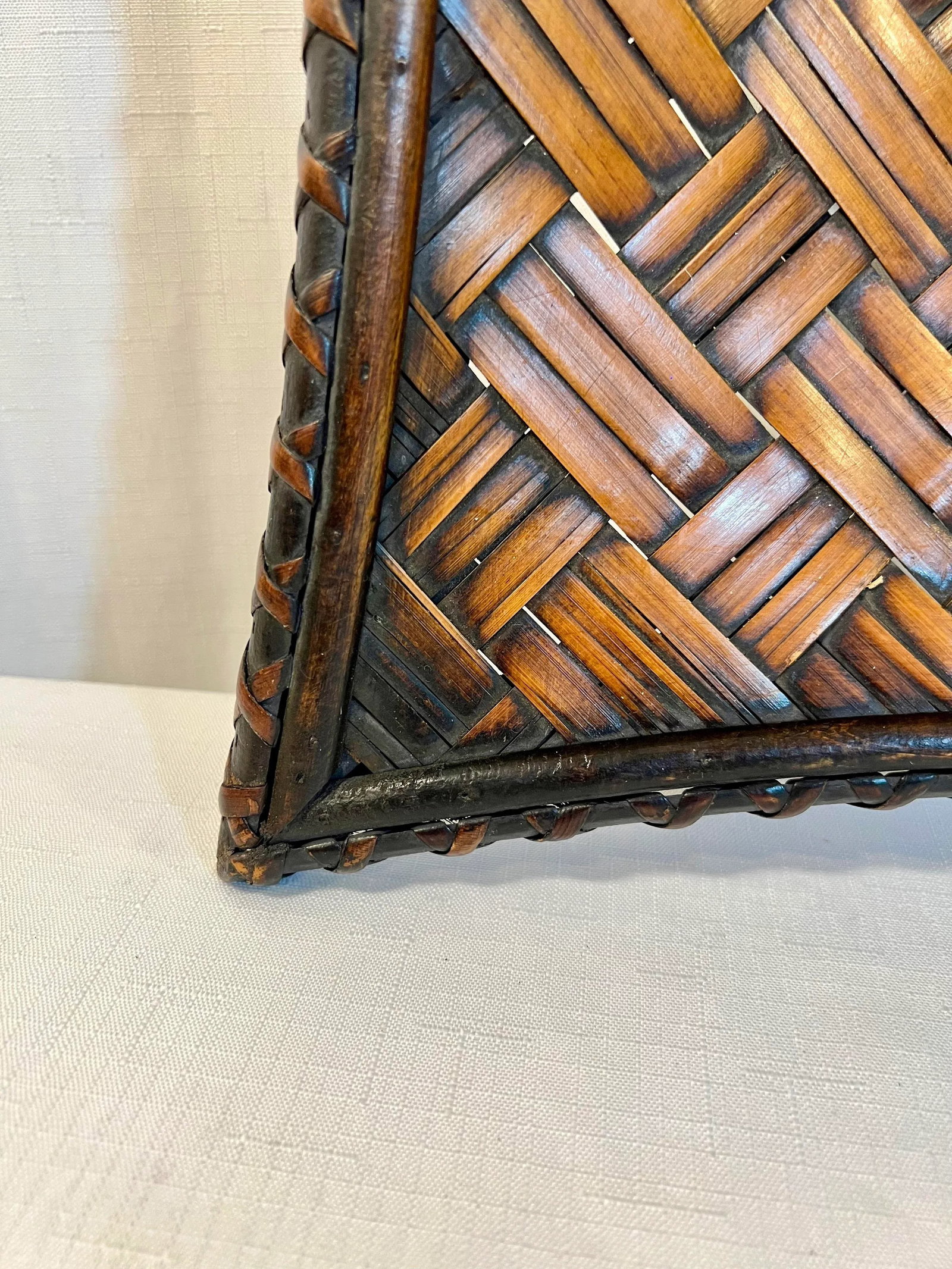 Vintage Coastal Boho Chic Bamboo and Split Reed Footed Square Basket Tray - 5