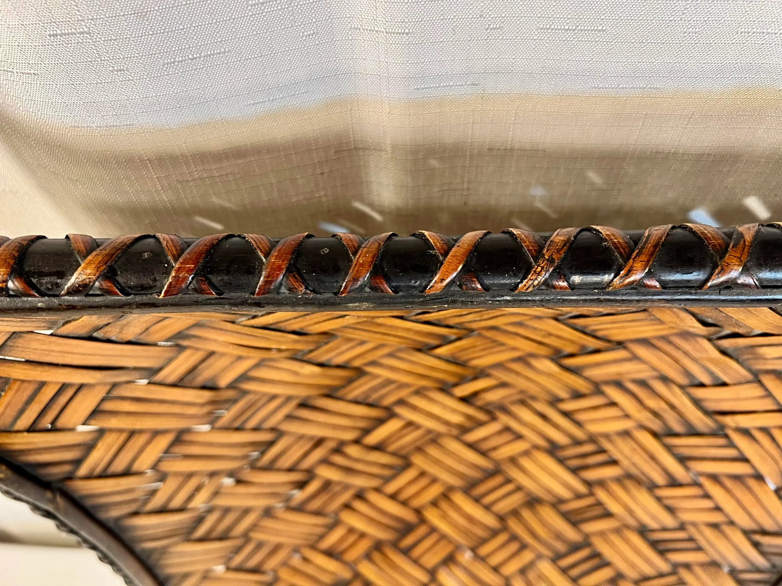 Vintage Coastal Boho Chic Bamboo and Split Reed Footed Square Basket Tray - 6