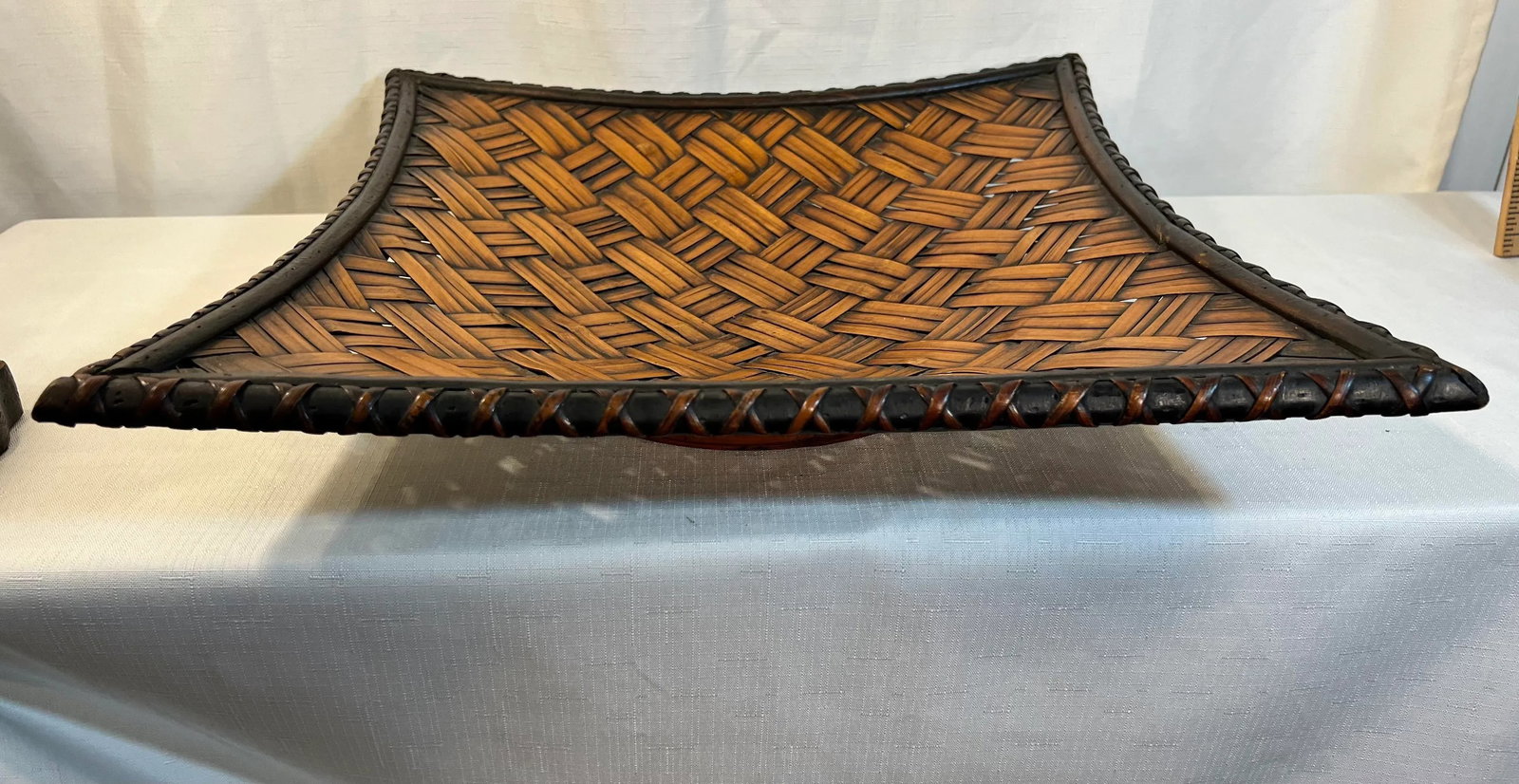 Vintage Coastal Boho Chic Bamboo and Split Reed Footed Square Basket Tray - 8