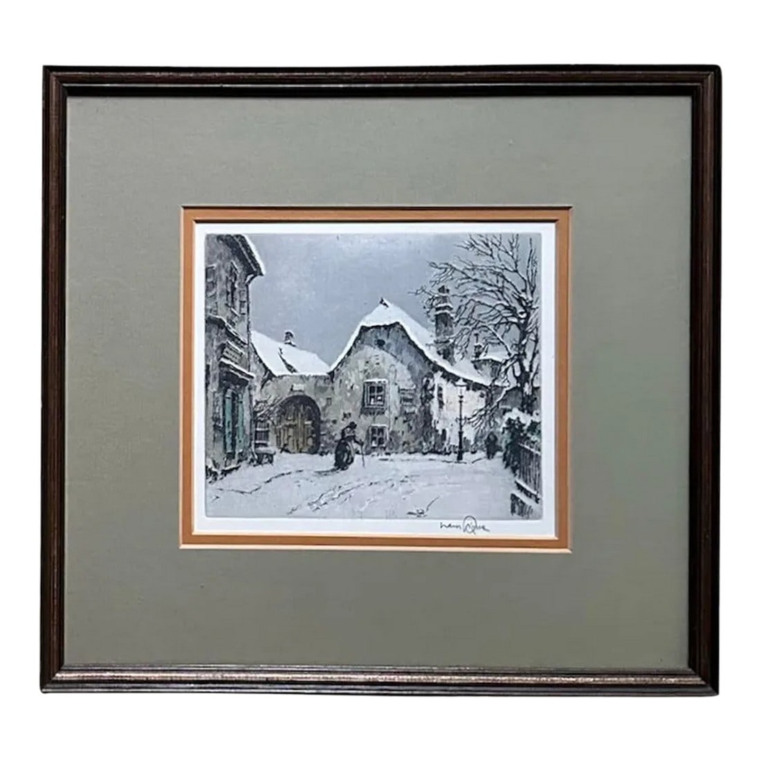 Mid 20th Century Hans Figura Signed Color Etching Beethoven's House Austria: Artist: Hans Figura (1898-1978) Hand Signed in Pencil Subject: Beethoven's House Winter Scene Year: Early-Mid 20th Century Medium: Color etching Site size: 7" wide x 6.25 " high Frame size: