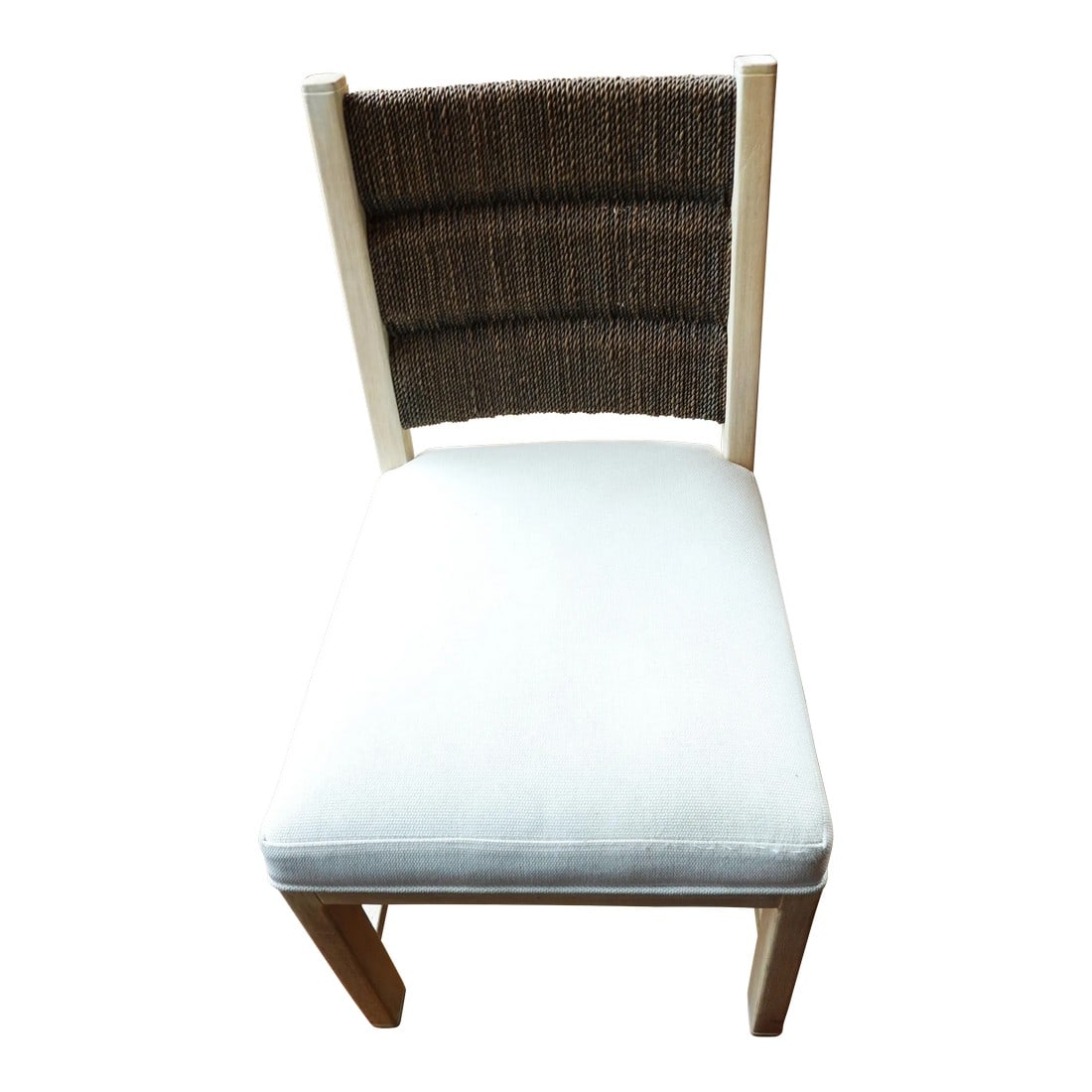 Palecek Stella Side Chair: Handcrafted side chair. Hand-distressed hardwood frame and legs in a whitewash finish with double wall back of natural jute rope woven in a tiered design. Chair comes with a fixed upholstered seat. Ov