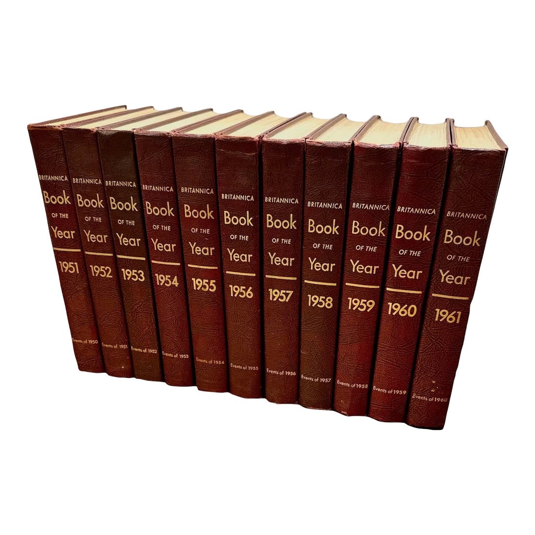 Vintage Britannica Book of the Year Events of 1950 Thru 1960 Set of 11: Vintage Britannica Book of the Year Events of 1950 Thru 1960 Set of 11 Book of the Year 1951 (Events of 1950) thru each year to Book of the Year 1961 (Events of 1960). Good condition. No moisture