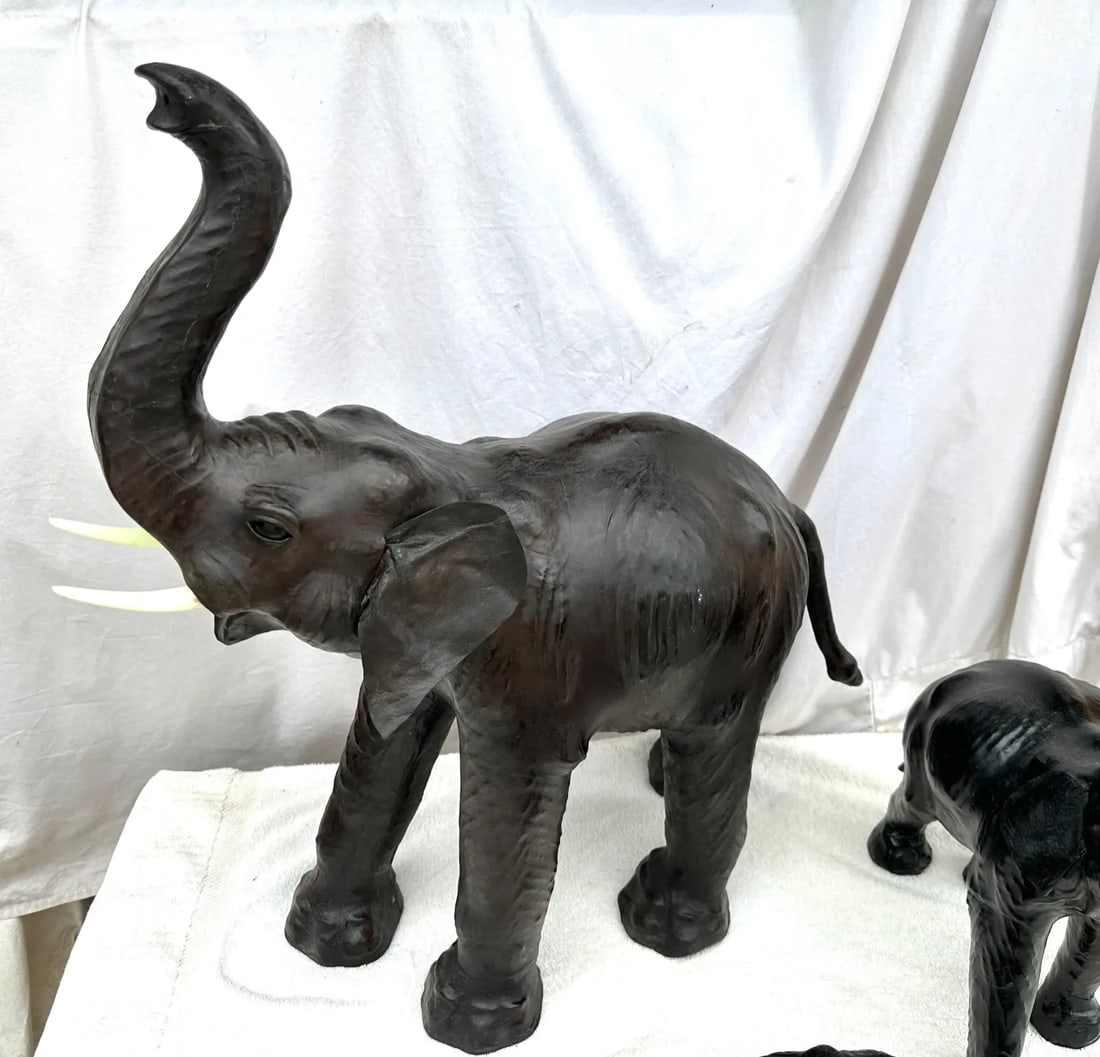 Large Antique Leather Wrapped Elephants-A Set - 3
