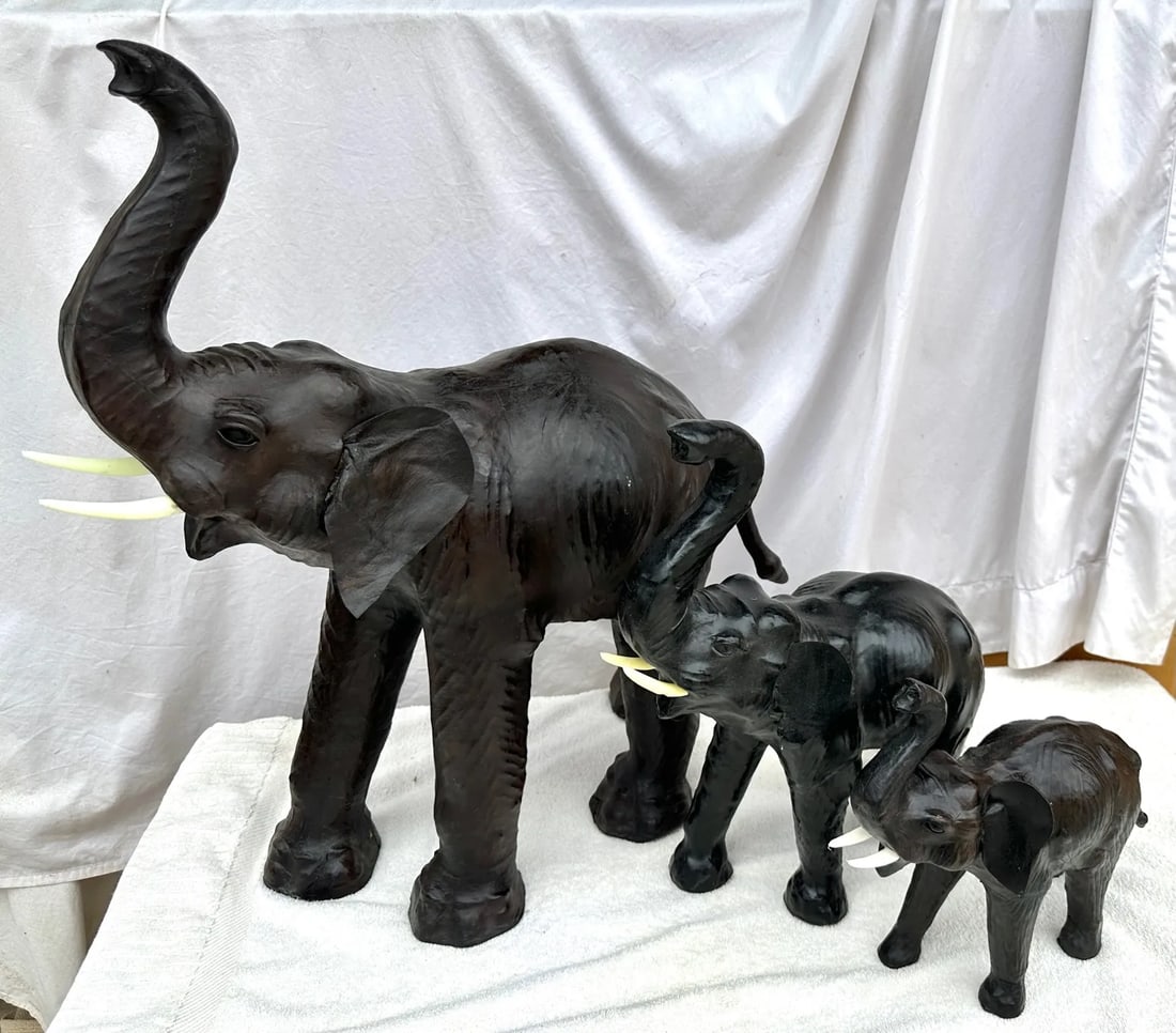 Large Antique Leather Wrapped Elephants-A Set - 4