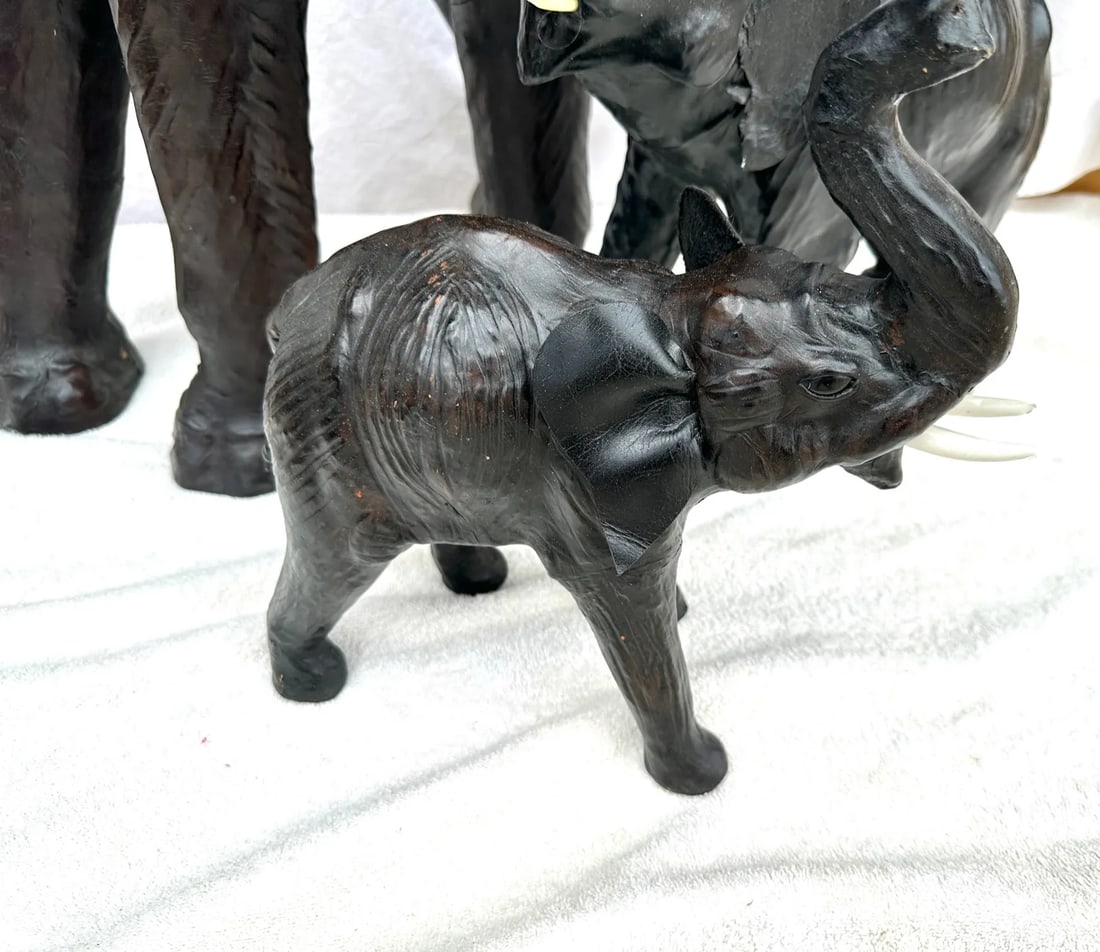 Large Antique Leather Wrapped Elephants-A Set - 5
