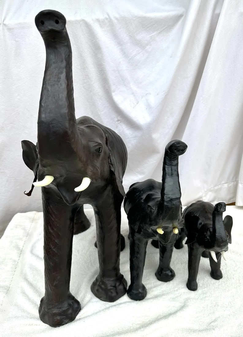Large Antique Leather Wrapped Elephants-A Set - 7