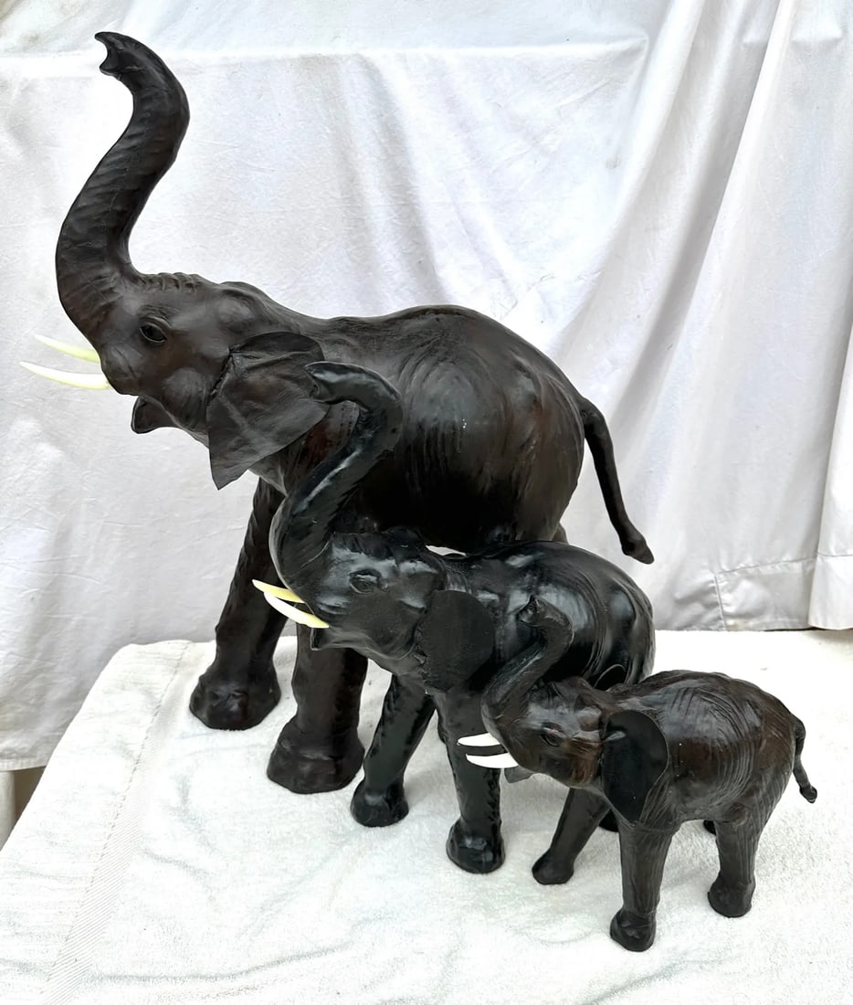 Large Antique Leather Wrapped Elephants-A Set - 8