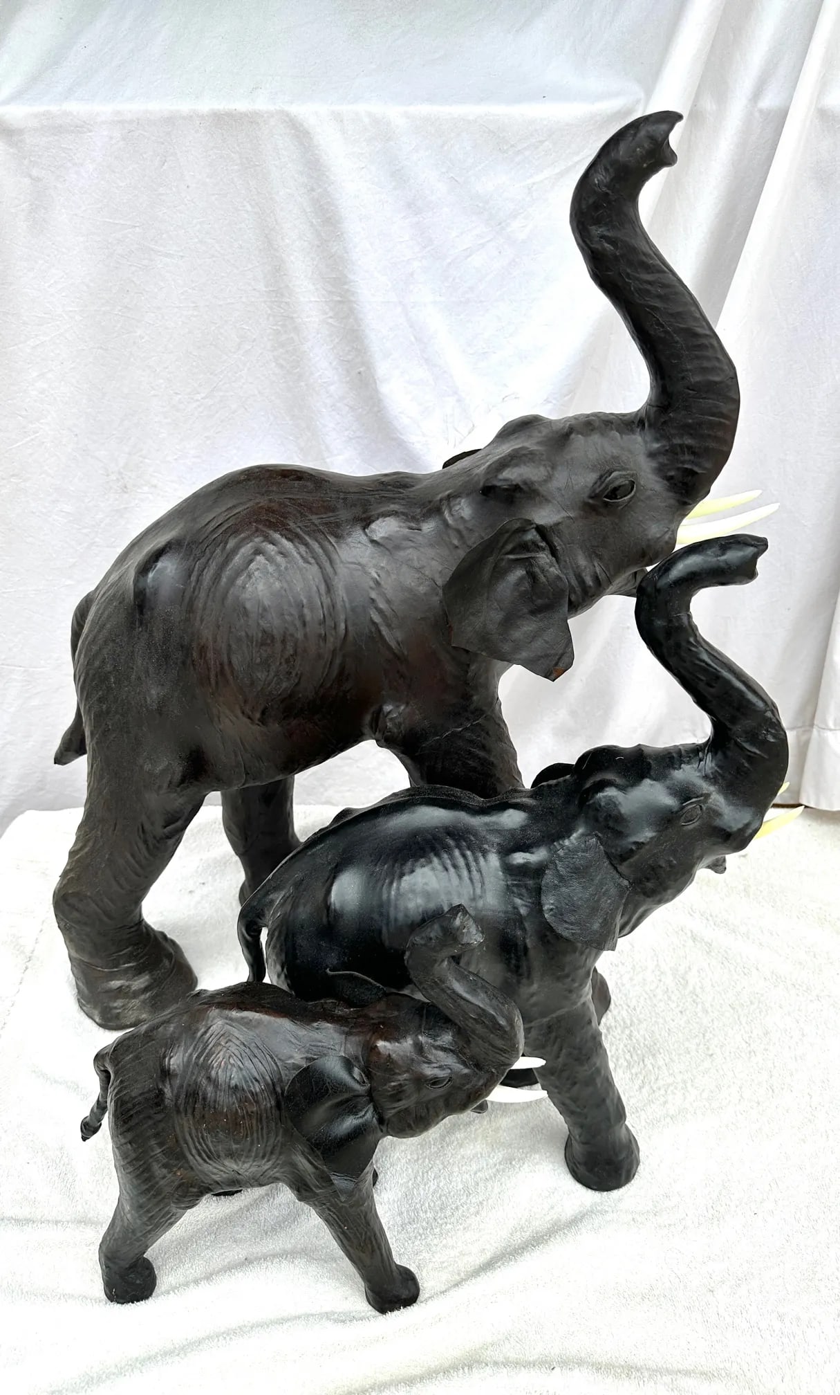 Large Antique Leather Wrapped Elephants-A Set - 9
