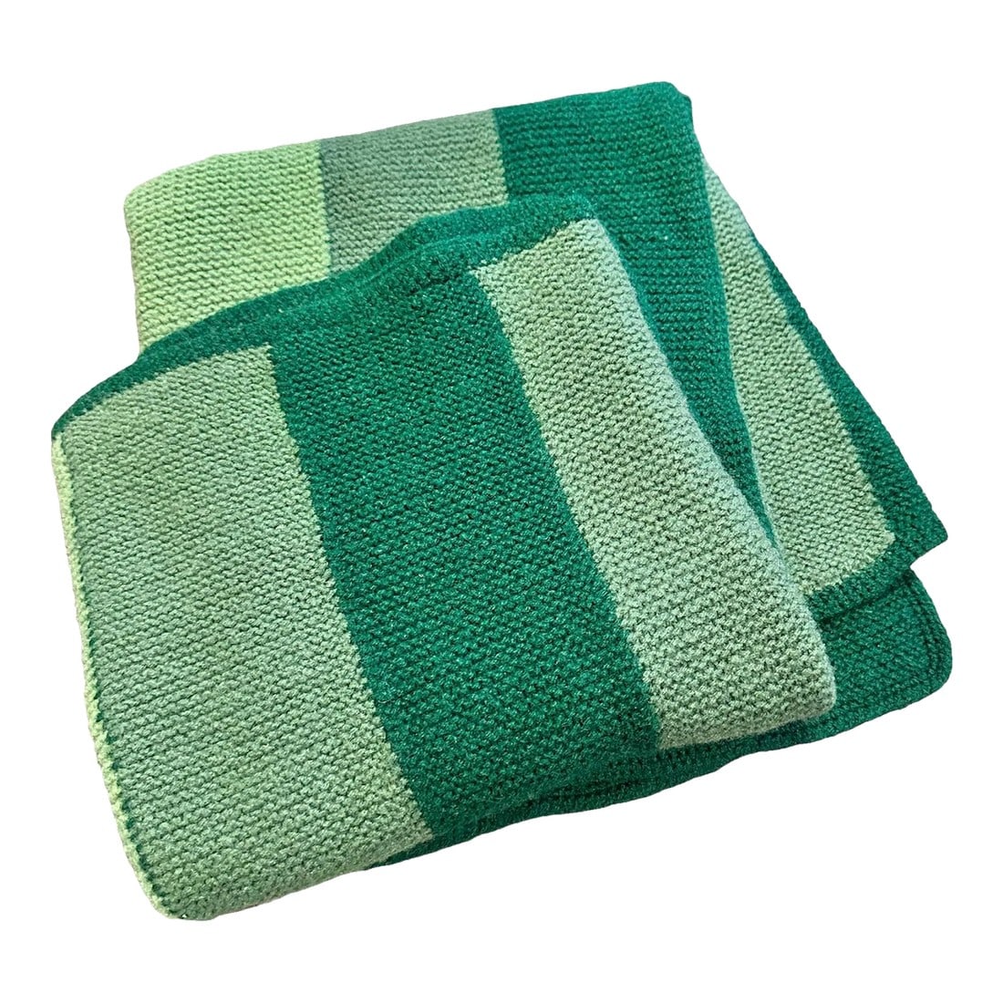 Vintage Mid-20th Century Green Hand Knit Wool Blend Throw: Hand knit vintage throw in three shades of green in wide stripes. Excellent for watching a game, den, or cabin. The original crafter, an 89 year old sweet lady was asked about this throw at her