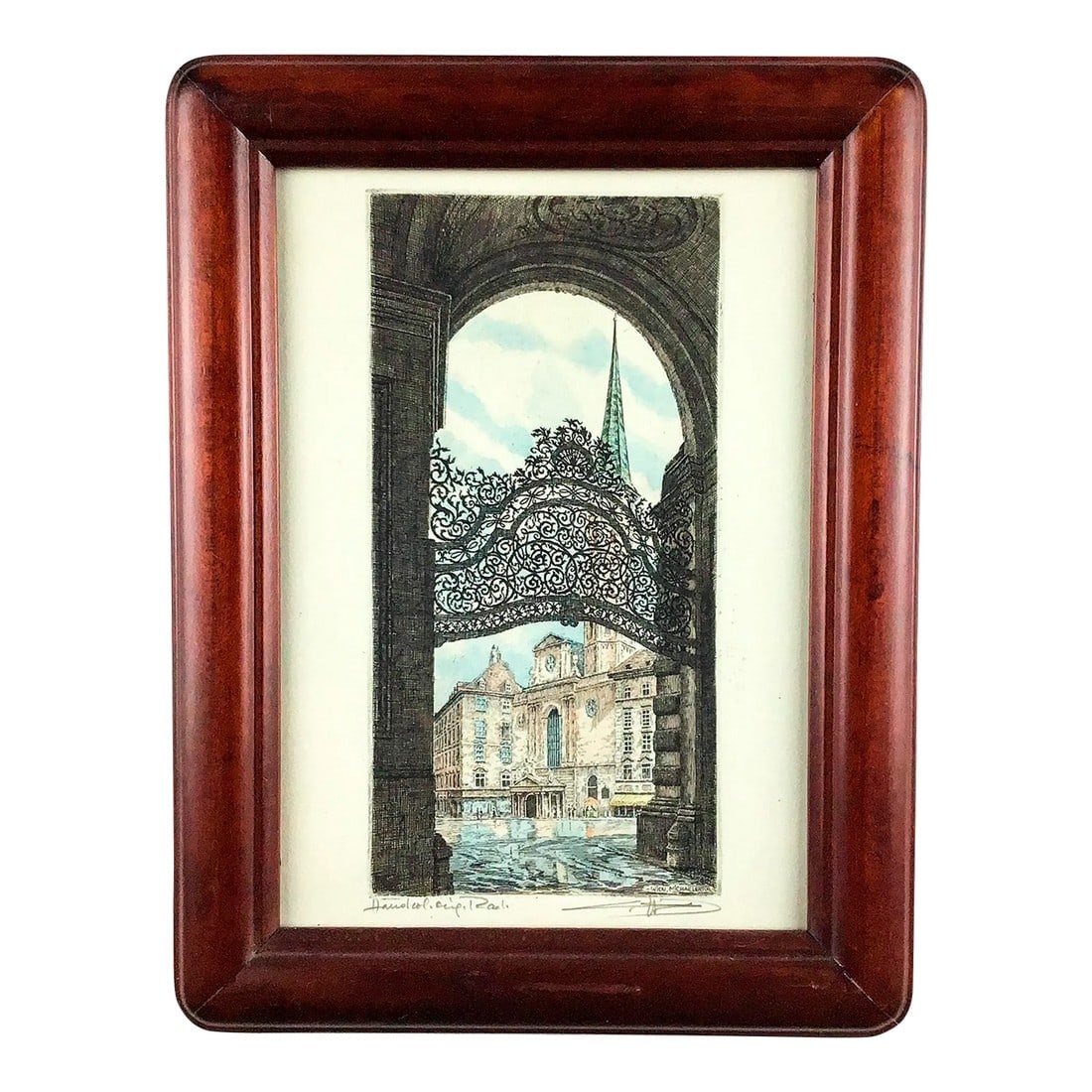 Framed St. Michaels Gate, Vienna - Etching Signed: This beautiful work of art is waiting to be discovered. Signed in Pencil at the bottom, I simply can't make out who sketched it. Wonderful details. As far as I know, it's St Michaels Gate in Vienna.