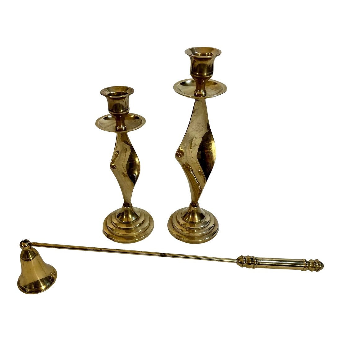 Vintage Polished Brass Twisted Candlestick Holders and Candle Sniffer - Set of 3 (1 of 8)