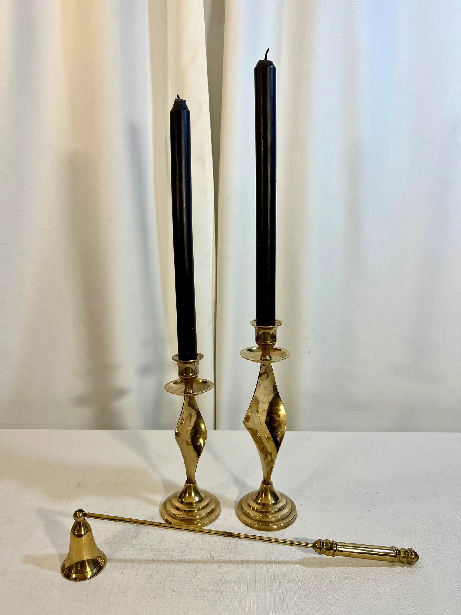 Vintage Polished Brass Twisted Candlestick Holders and Candle Sniffer - Set of 3 - 2
