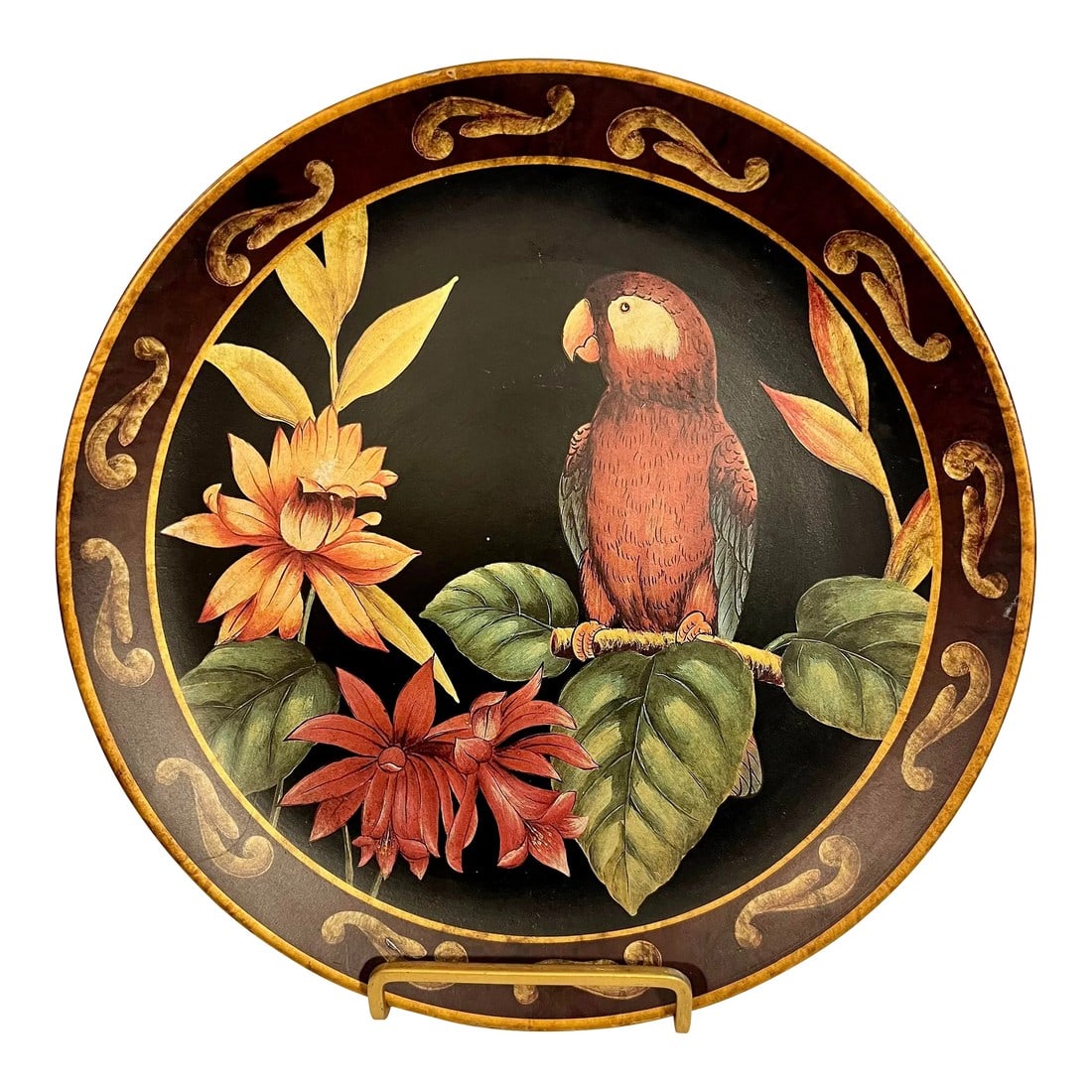 Vintage Palm Beach Regency Tropical Parrot Decorative Plate: Welcome to Turtle and Crane! We present to you this wonderful Vintage Palm Beach Regency Tropical Parrot Decorative Plate, maker unknown, is a stunning piece that captures the essence of the