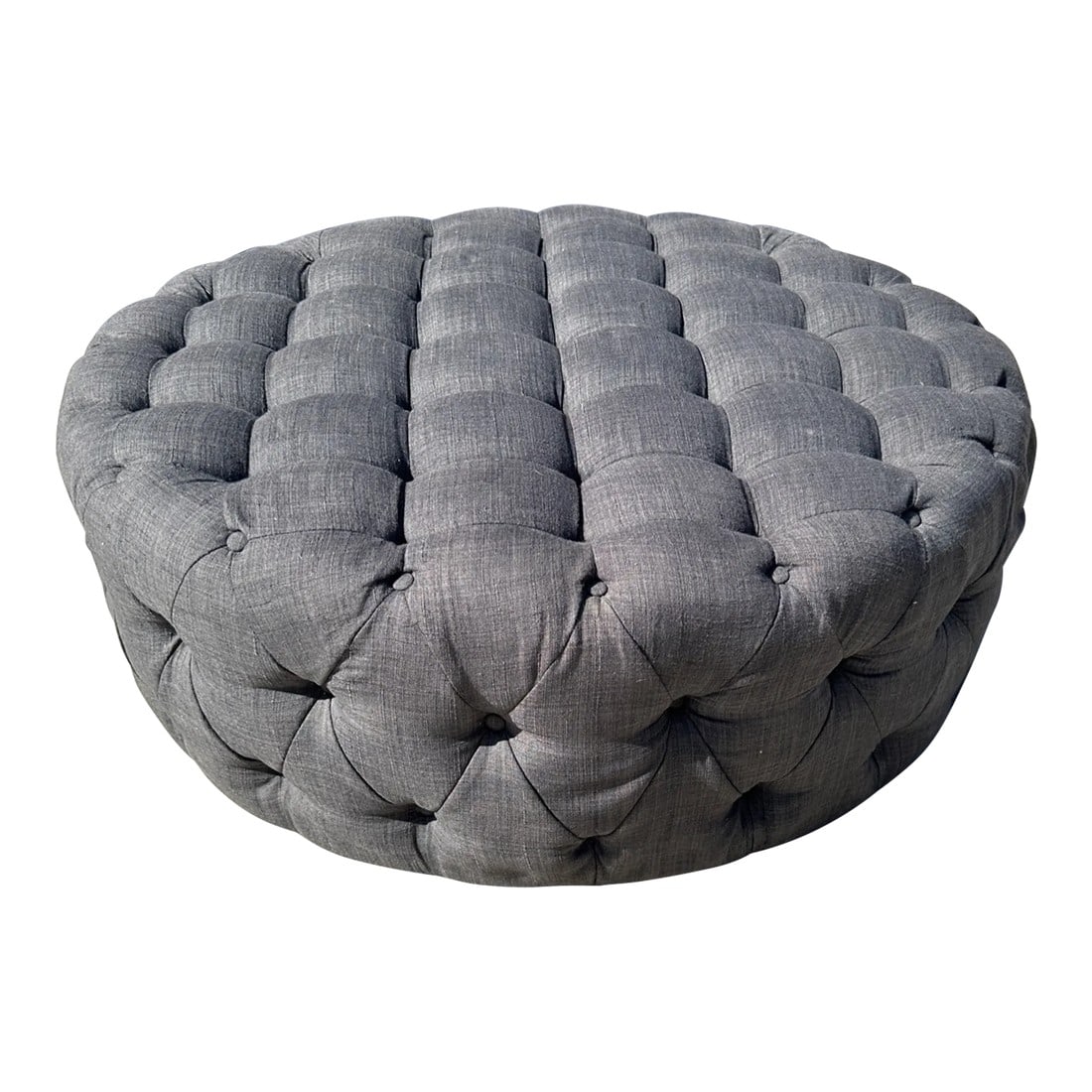 Gray Tufted Round Ottoman/Coffee Table: Large Round Gray Tufted Ottoman/Coffee Table. Perfect farmhouse look, RH style. Great for the family room or even a large closet or kids room. 42in round x 14in h Condition: Alterations: Original Cond