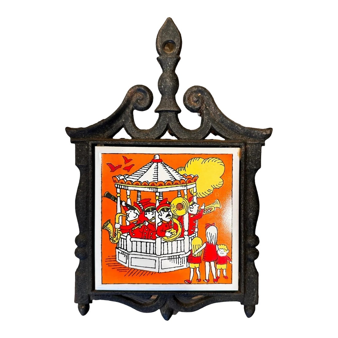 Vintage Trivet Cast Iron Ceramic Tile: Vintage trivet for decor, wall hanging, or kitchen use. Most likely A Lorrie Design by identifying the tile manufacturer and painting against other Lorrie Designs-but there is no label. Condition: