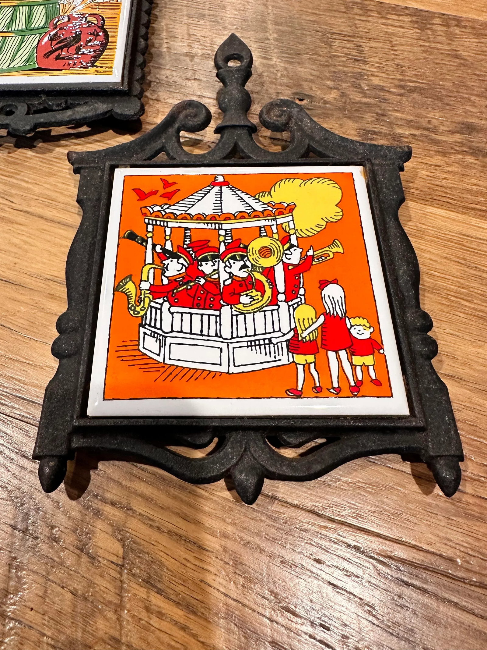 Vintage Trivet Cast Iron Ceramic Tile - 2