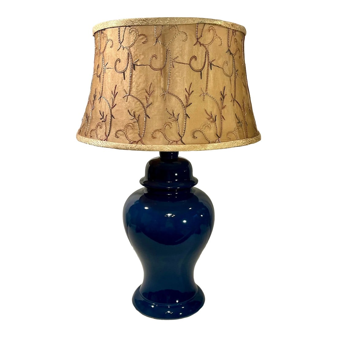 Vintage Chinouserie Indigo Blue Ginger Jar Style Table Lamp With Shade: This Vintage 1960's Mid Century Indigo Blue Chinoiserie Ginger Jar Style Lamp with Gold Crewel Shade is a truly remarkable piece that effortlessly captures the beauty and elegance of its time. The chi