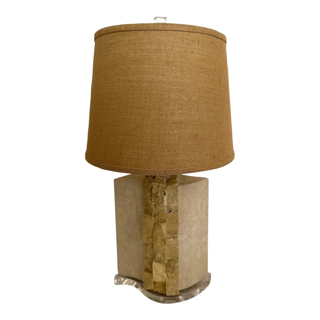 Vintage Tessellated Stone Table Lamp: Vintage Tessellated Stone Table Lamp with lucite base and finial. Perfect with a matching table which I have one in my listings so make sure to check it out. Shade was with lamp but not original. 19.5