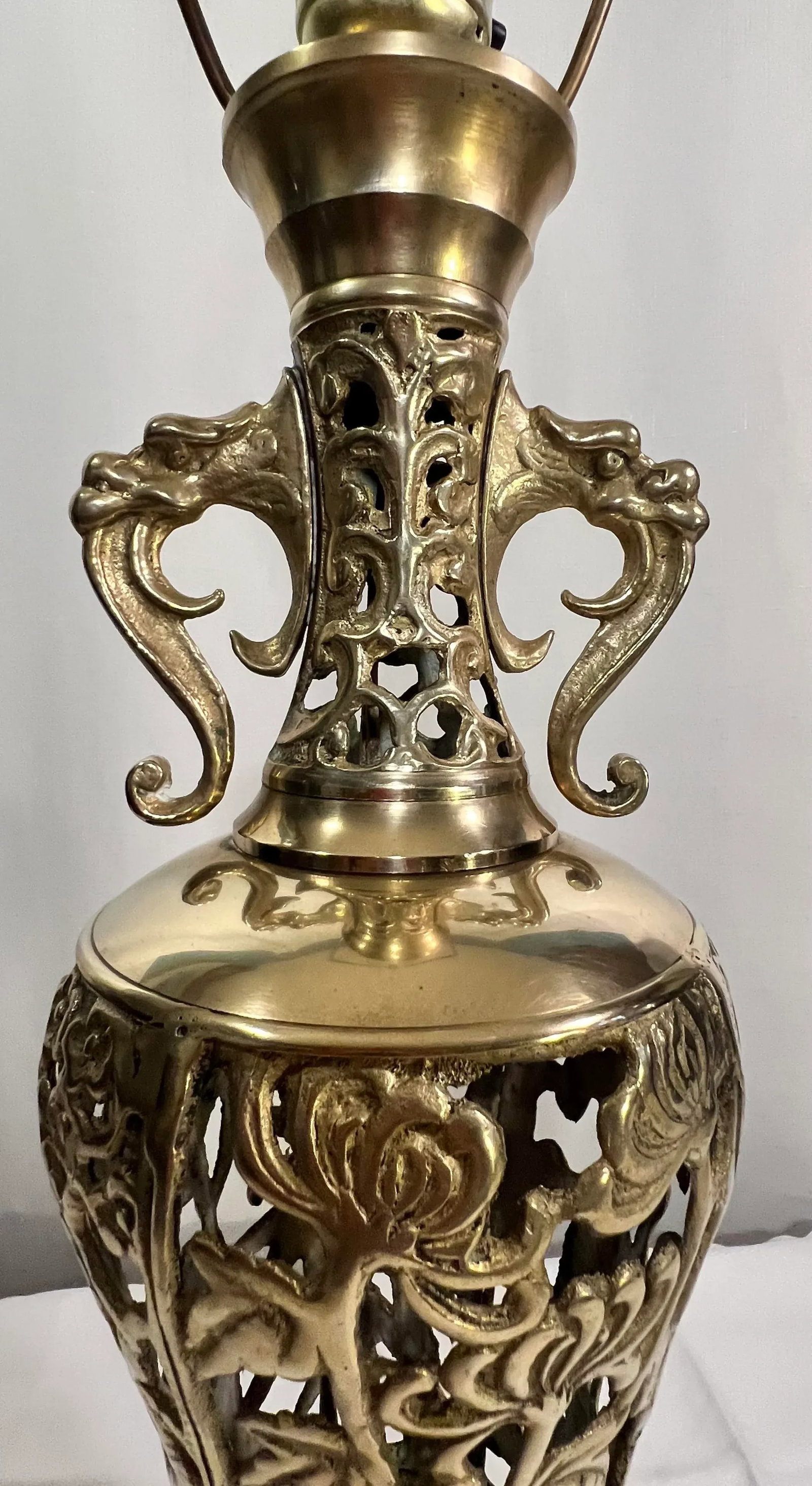 Vintage James Mont Style Reticulated Brass Table Lamp With Bamboo Cherry Blossom and Crane With Blac - 10