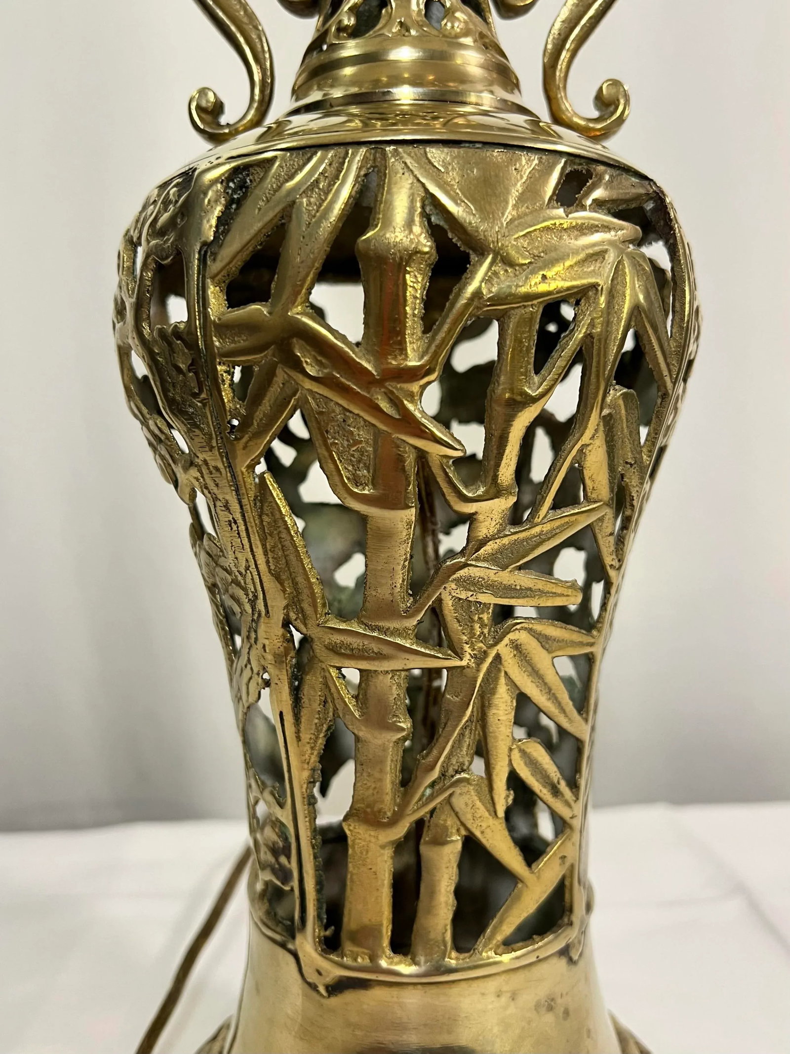 Vintage James Mont Style Reticulated Brass Table Lamp With Bamboo Cherry Blossom and Crane With Blac - 3