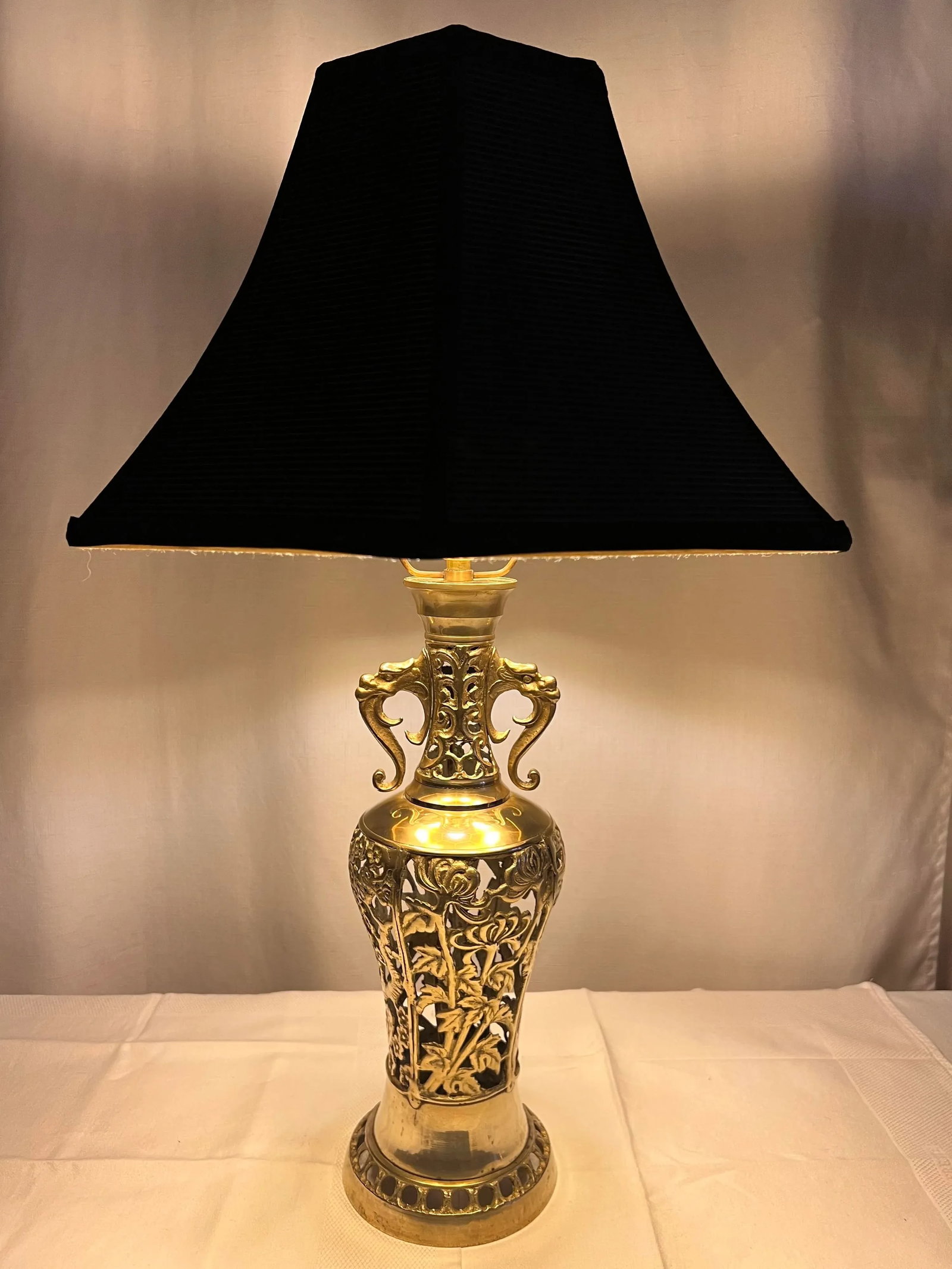 Vintage James Mont Style Reticulated Brass Table Lamp With Bamboo Cherry Blossom and Crane With Blac - 4