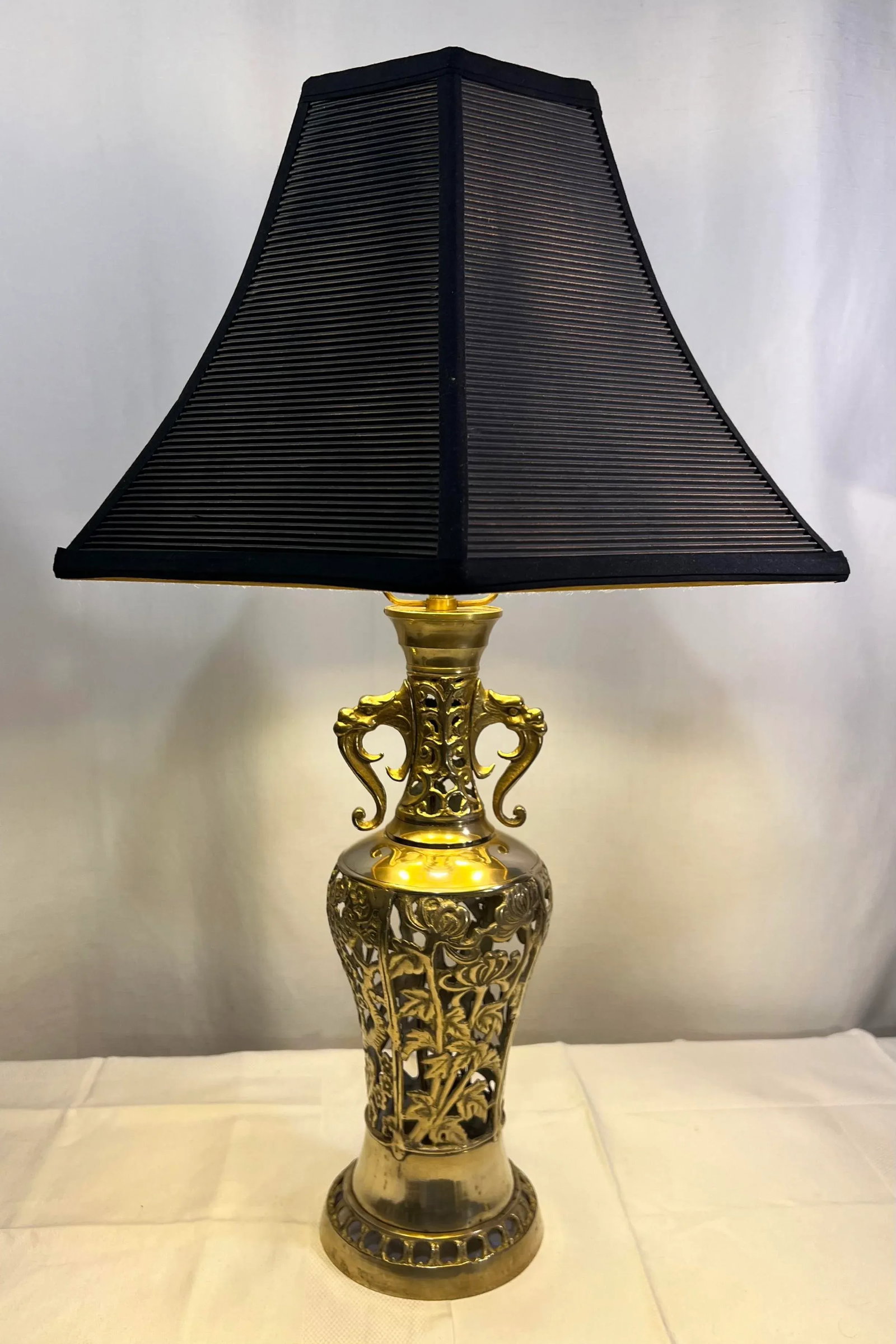 Vintage James Mont Style Reticulated Brass Table Lamp With Bamboo Cherry Blossom and Crane With Blac - 5