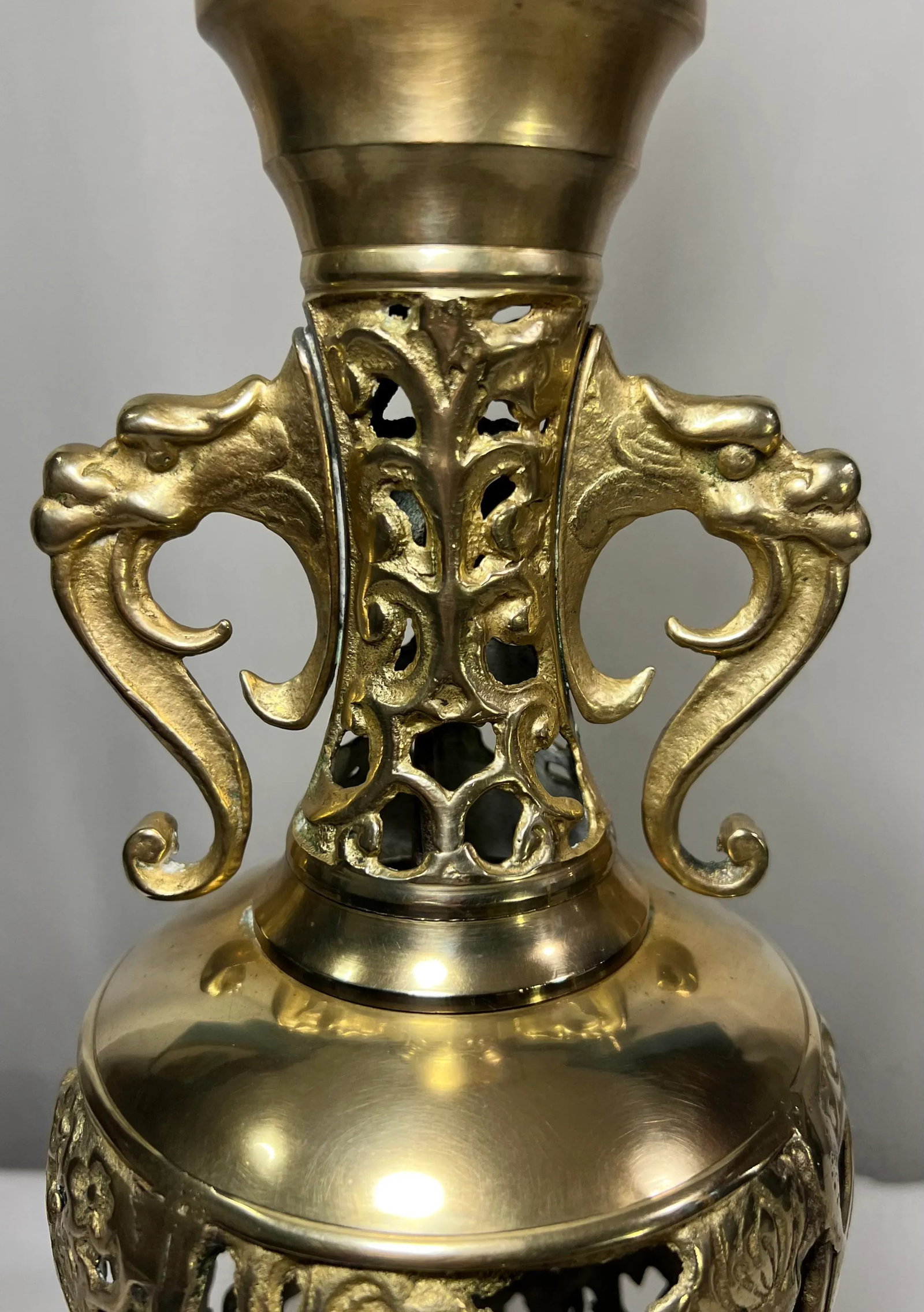 Vintage James Mont Style Reticulated Brass Table Lamp With Bamboo Cherry Blossom and Crane With Blac - 6