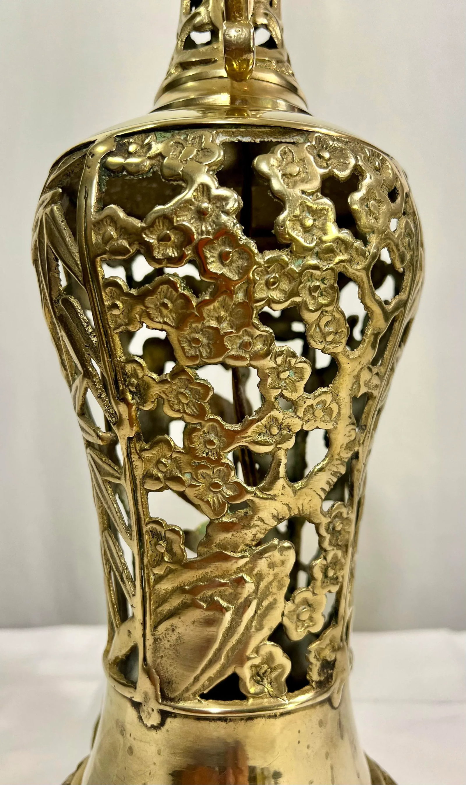 Vintage James Mont Style Reticulated Brass Table Lamp With Bamboo Cherry Blossom and Crane With Blac - 7