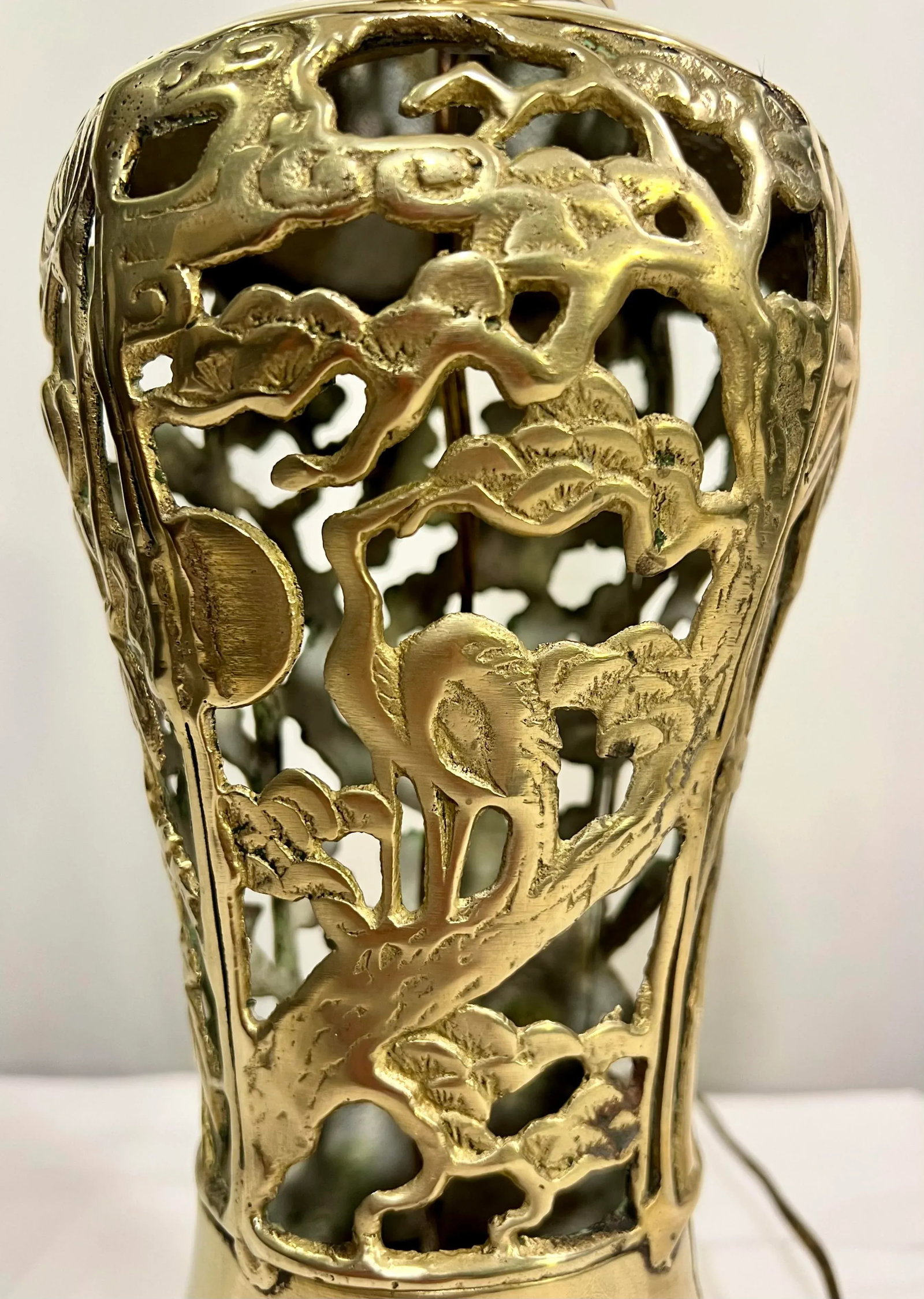 Vintage James Mont Style Reticulated Brass Table Lamp With Bamboo Cherry Blossom and Crane With Blac - 9