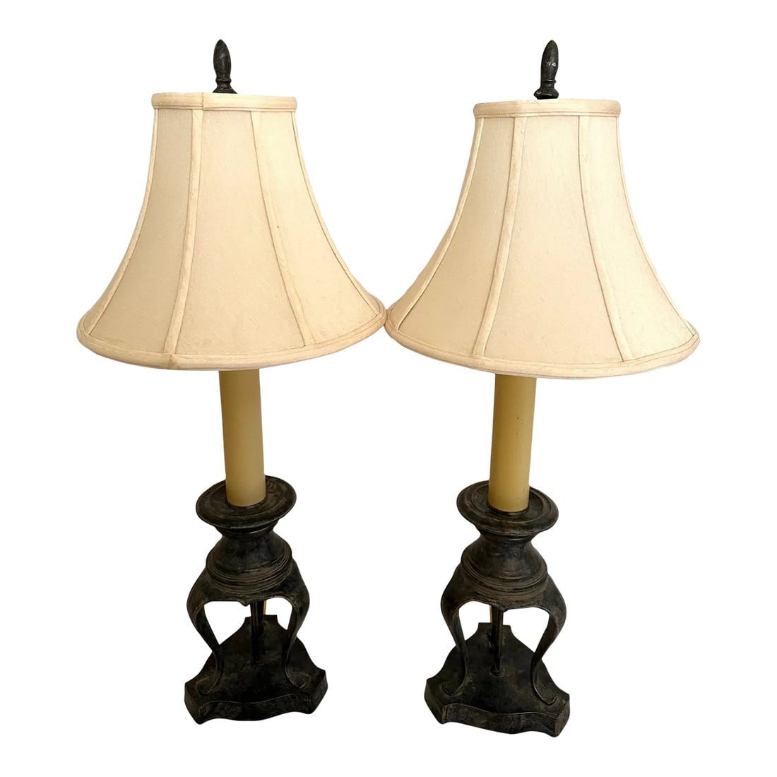 Vintage Metal Candelabra Table Lamps-A Pair: Vintage Metal Candelabra Style Table Lamps a pair with shades. Perfect for a study or office. I would update the shades to look more up to date. If you don't like the cream column you can alway paint