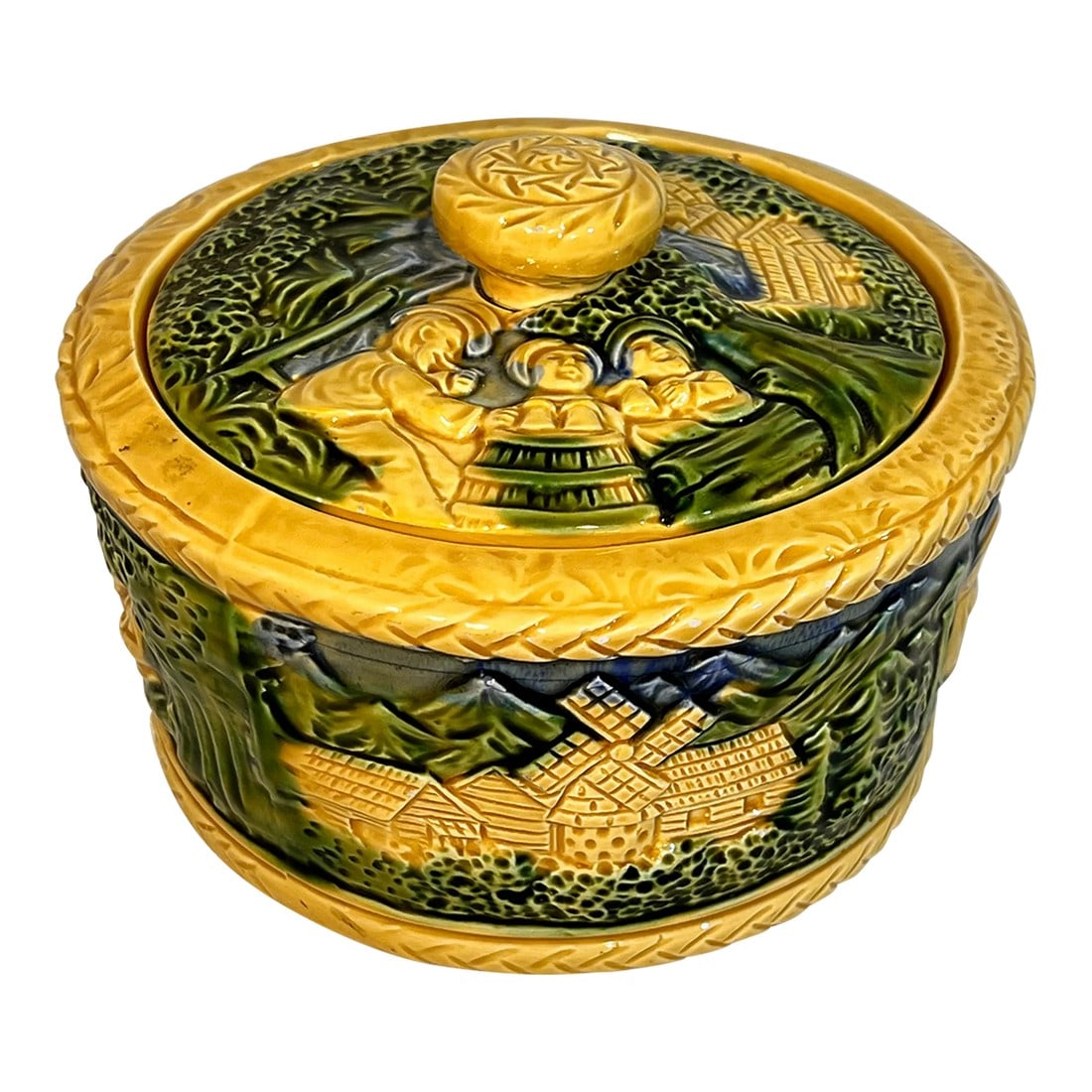 Vintage Majolica Green and Yellow Biscuit Container Styled After George Jones (1 of 11)