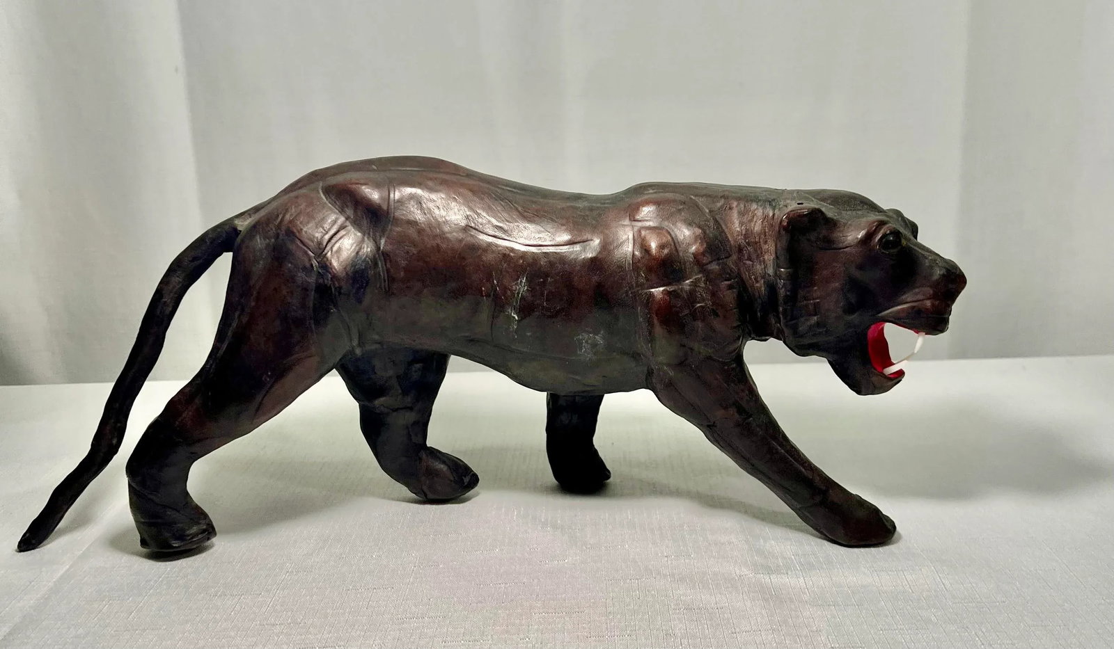 Mid - Century Leather Wrapped Black Panther Figurine - 12