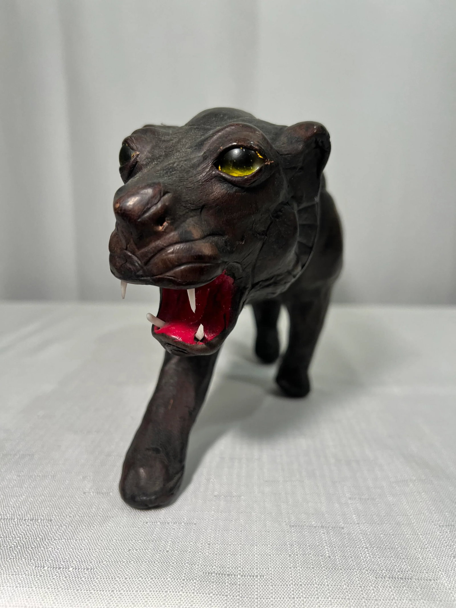Mid - Century Leather Wrapped Black Panther Figurine - 5