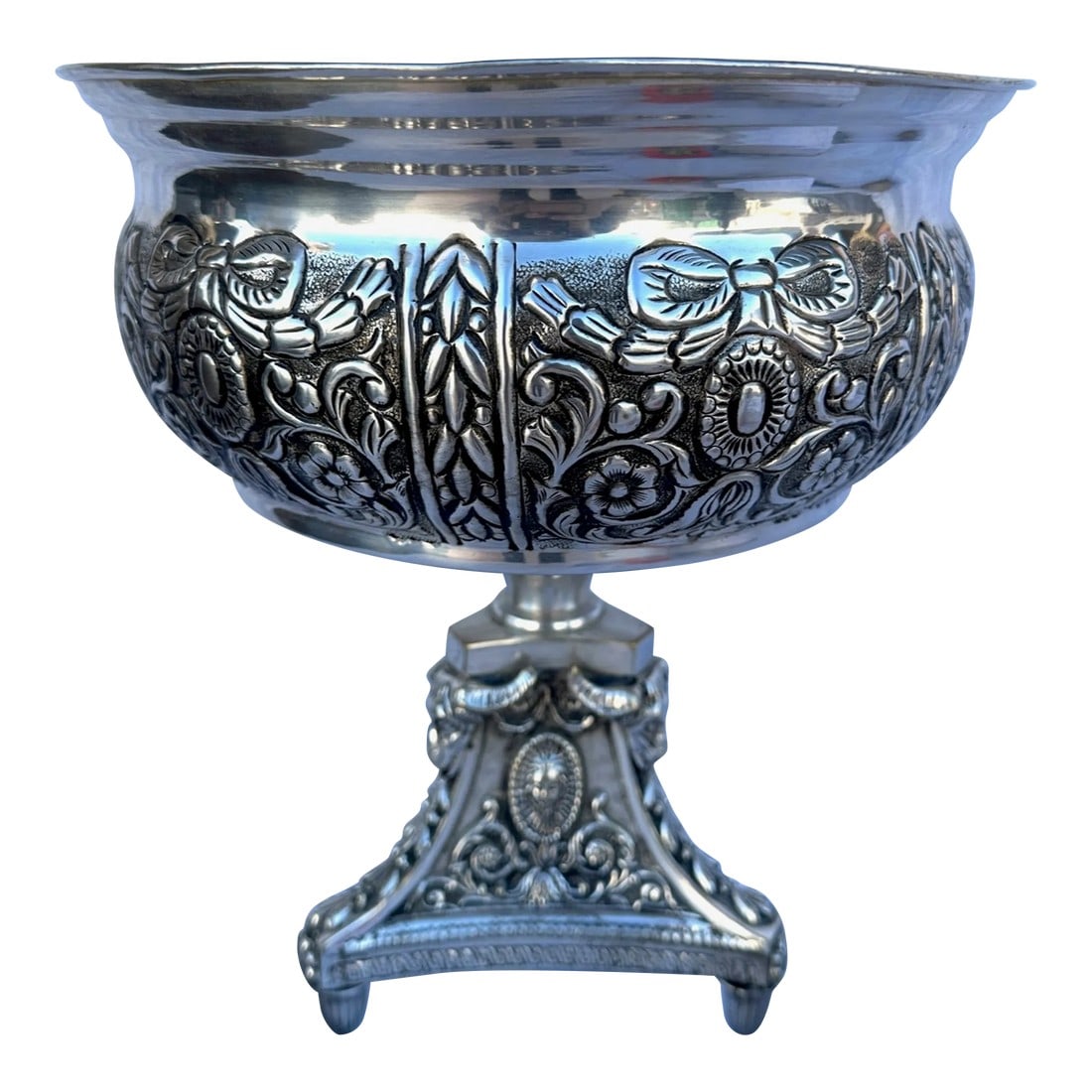 Decorative Silver Pedestal Bowl: Large Silver Decorative Pedestal Bowl, Perfect for the Holidays with big ornaments or even a small Christmas tree. Made in India 12.5in h x 11in round Make sure to follow me, I have flash sales for my