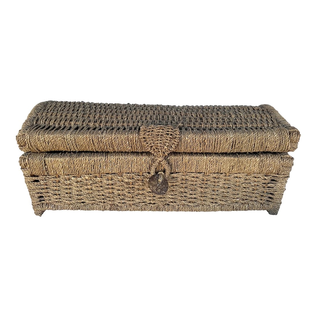 Vintage Rectangle Raffia Trunk: Twisted raffia rope trunk is perfect for storing a whole host of treasures, toys to pet toys etc. Use to display on a console or coffee table. 25.5in w x 10.25in d x 11in h Make sure to follow me, I