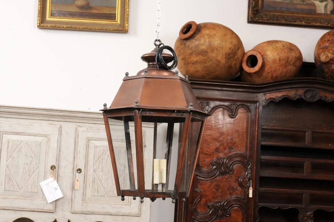 French Copper Three-Light Hexagonal Lanterns with Glass Panels, US Wired - A Pair - 10
