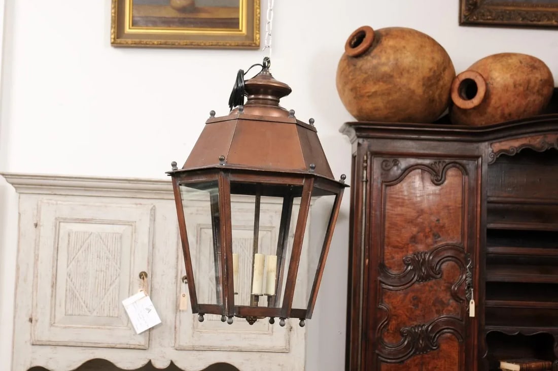 French Copper Three-Light Hexagonal Lanterns with Glass Panels, US Wired - A Pair - 11