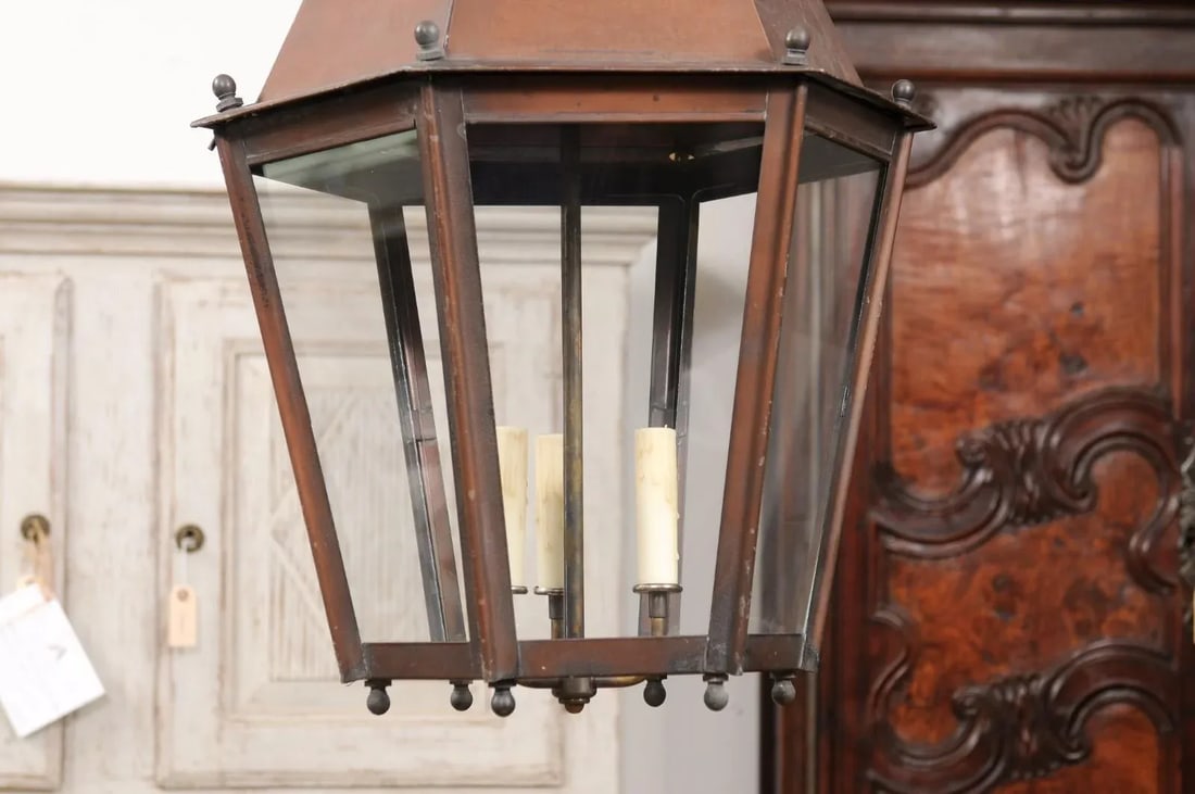 French Copper Three-Light Hexagonal Lanterns with Glass Panels, US Wired - A Pair - 12