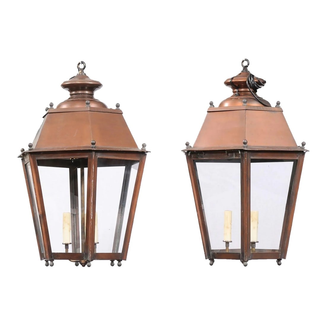 French Copper Three-Light Hexagonal Lanterns with Glass Panels, US Wired - A Pair (1 of 12)