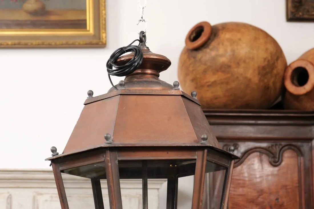 French Copper Three-Light Hexagonal Lanterns with Glass Panels, US Wired - A Pair - 2