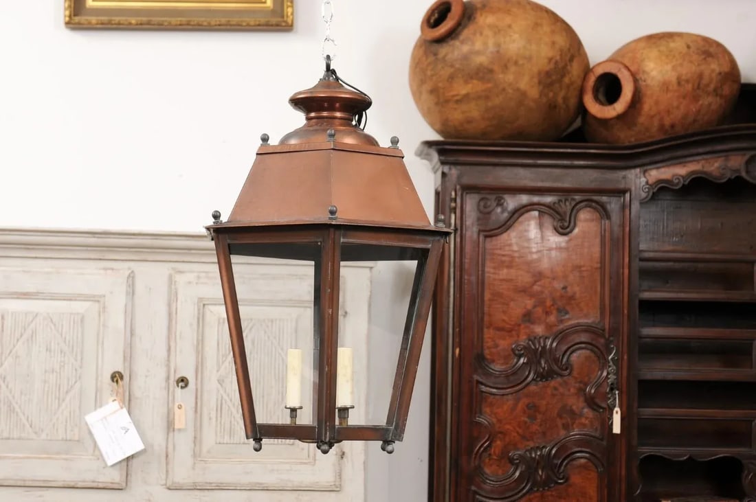 French Copper Three-Light Hexagonal Lanterns with Glass Panels, US Wired - A Pair - 4