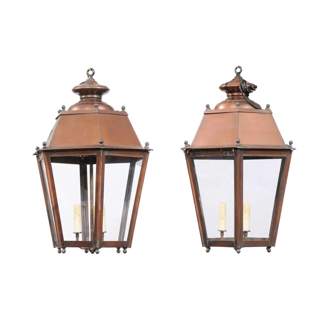 French Copper Three-Light Hexagonal Lanterns with Glass Panels, US Wired - A Pair - 5